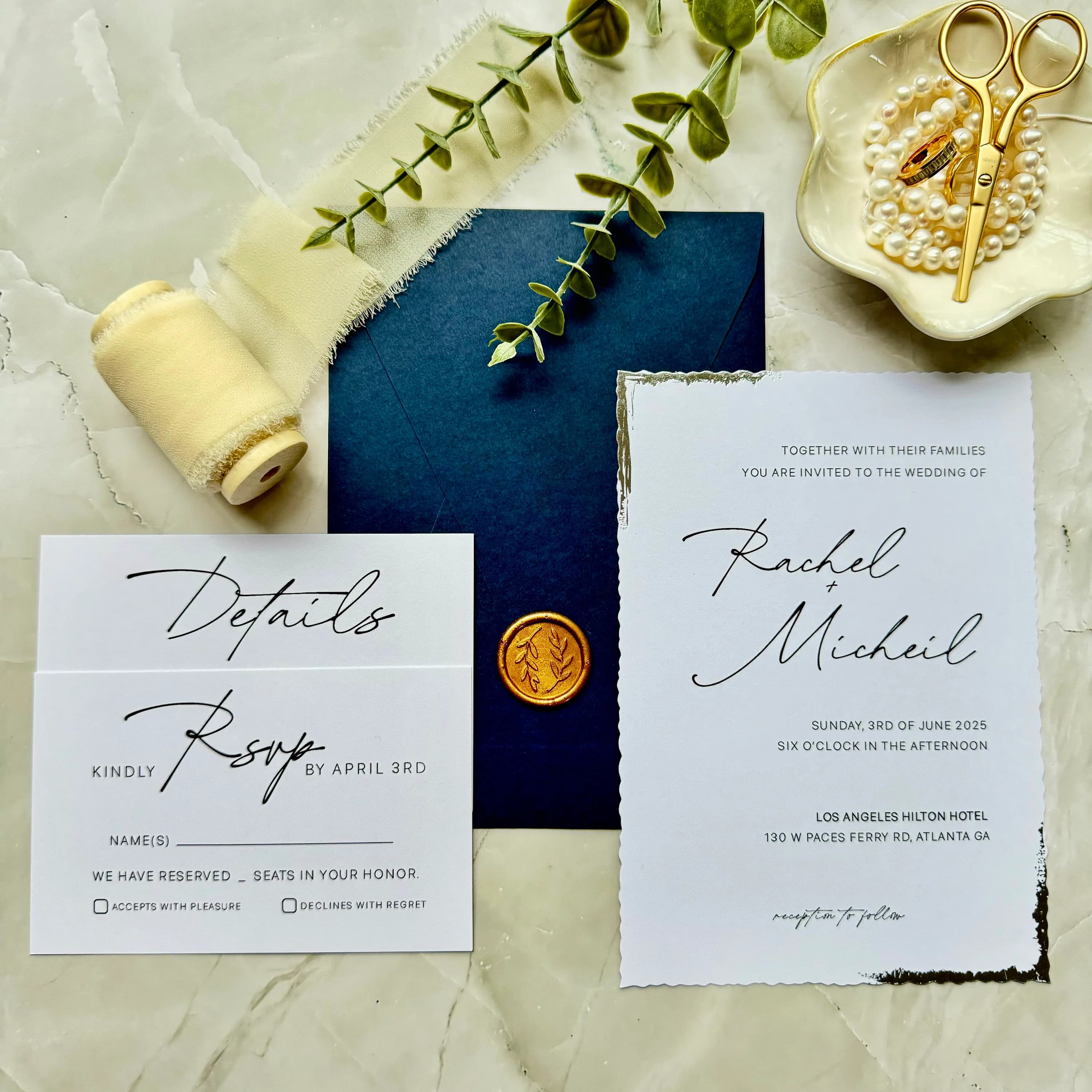 Wedding invitation suite with RSVP and details card - Silver foil details - full navy wedding invitation set with custom seal - image 3