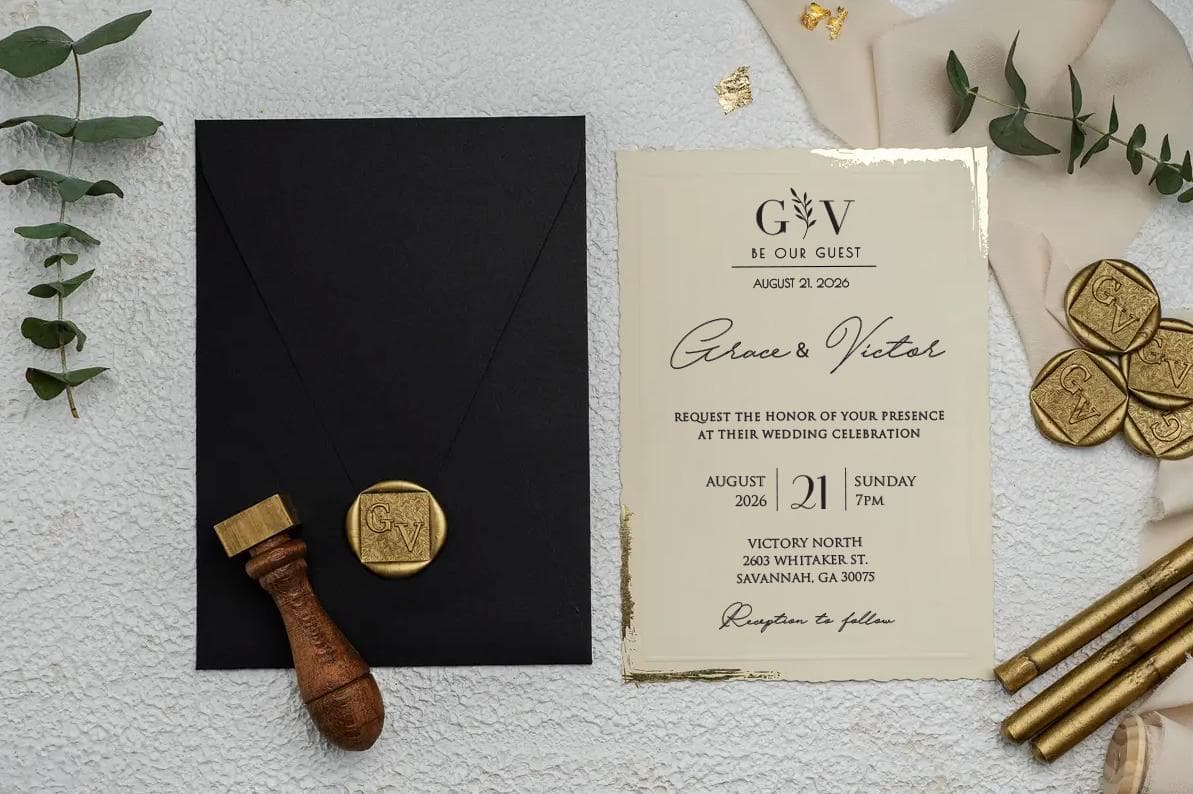 Personalized Wedding Invitation Set – Black Envelope, Gold Foil, Custom Wax Seal Elegant Invite