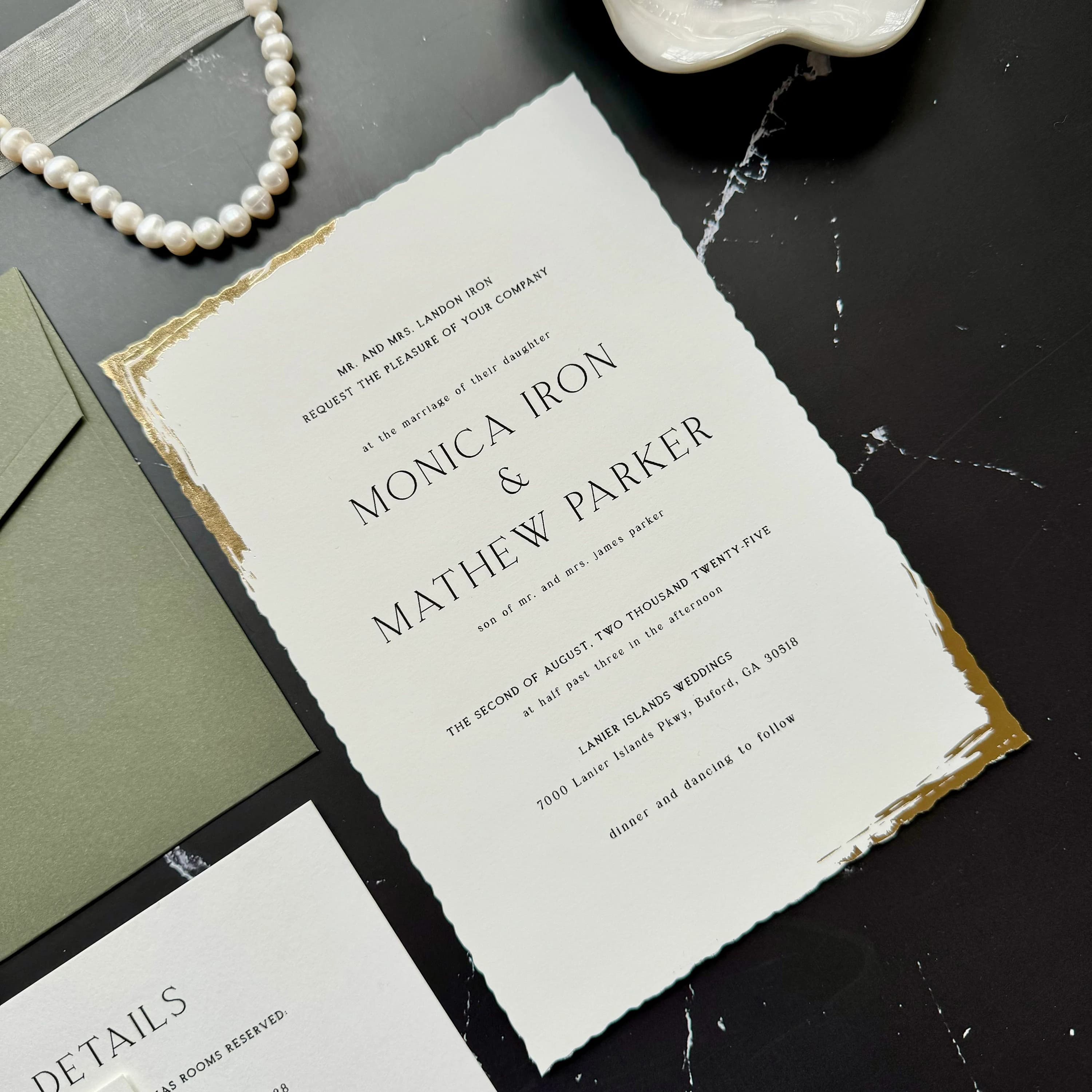 Wedding invitation suite set with a Classic design, wax seal, Sage Green invitation envelope, RSVP, and details card - image 3