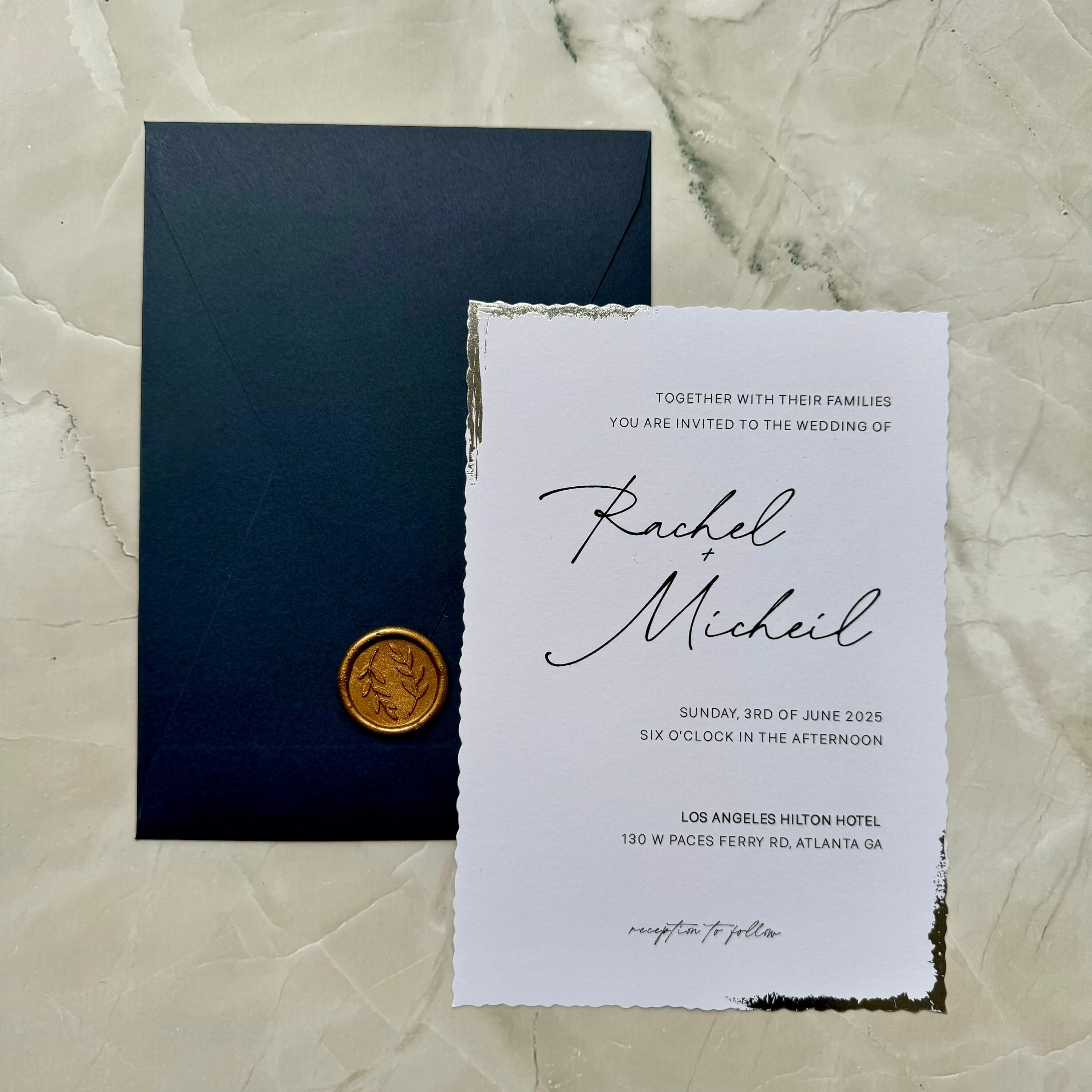 Wedding invitation suite with RSVP and details card - Silver foil details - full navy wedding invitation set with custom seal - image 4