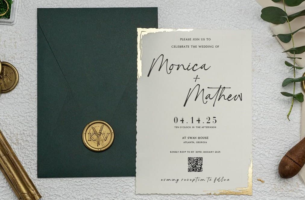 Paper Printed Wedding Invitation with Gold Foil Detail -  Gold Foil Deckle Edge Invitations with Wax Seal - Minimalist GreenEnvelope