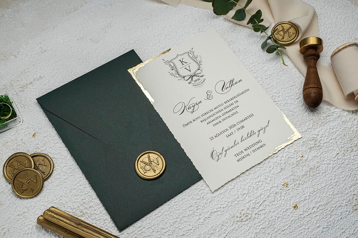 Paper Printed Wedding Invitation with Gold Foil Detail -  Gold Foil Deckle Edge Invitations with Wax Seal - Minimalist GreenEnvelope - image 3