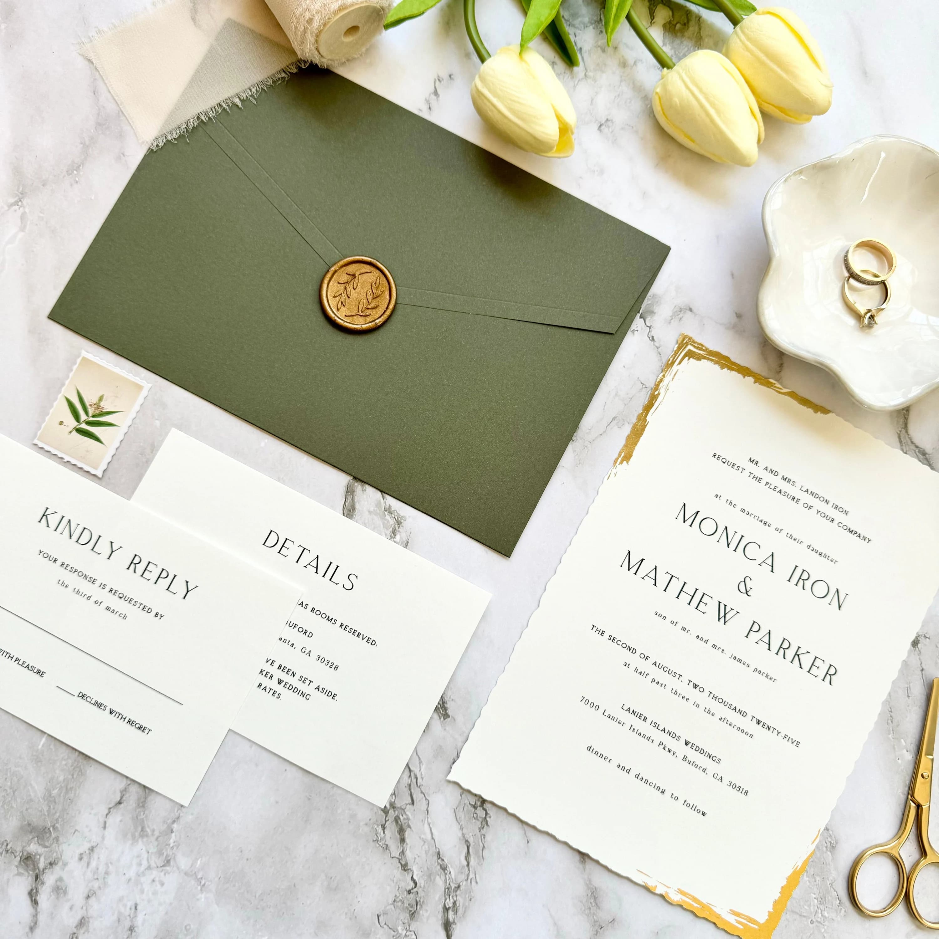 Elegant Wedding Invitation Set with Trendy gold foil wavy cut-edged design, Green Envelope with Custom wax seal, with RSVP and Details card