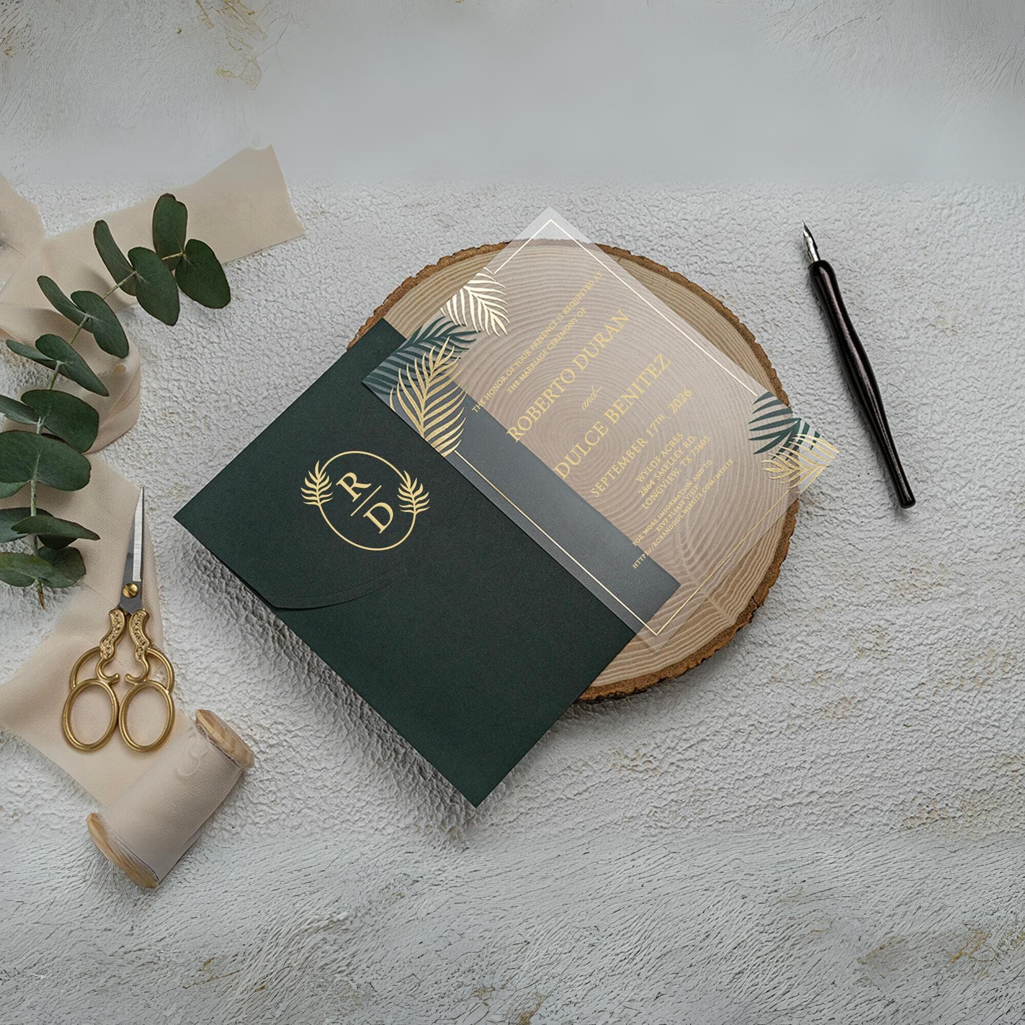 Yellow and Green Leaf Gold Foil Acrylic Wedding Invitation - Accompanied by Oval Flap Green Envelopes - image 3
