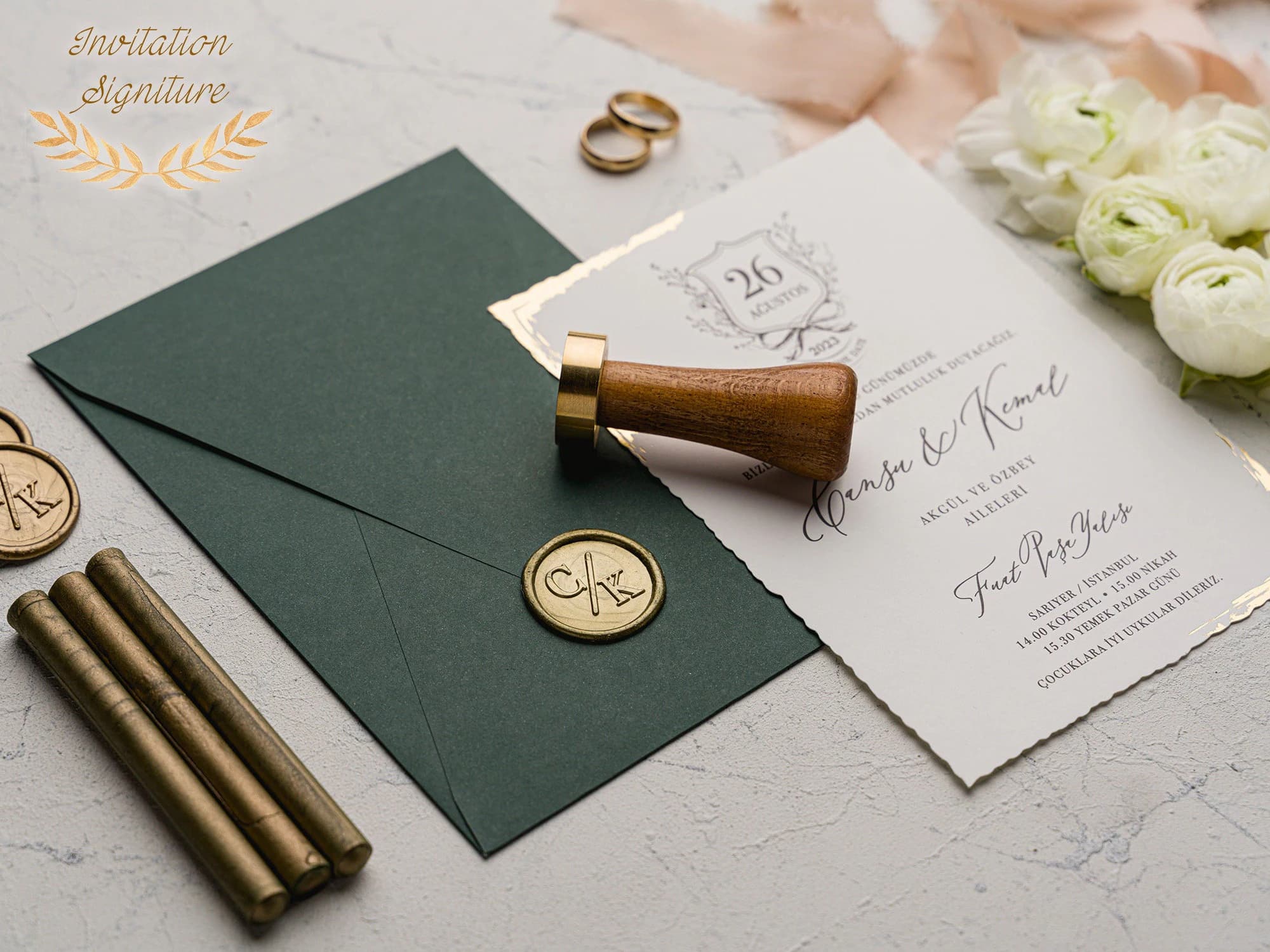 Elegant Wedding Invitation Set - Gold Foil Deckle Edge Invitations with Wax Seal - Minimalist Green Envelope - Modern Wedding Invitation - image 3