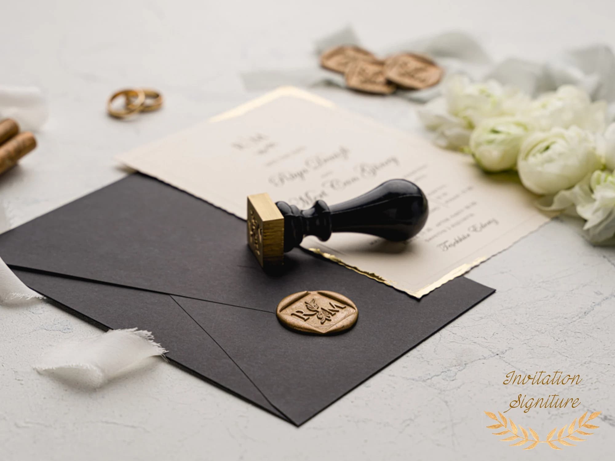 Wedding Invitation - Gold Foil Deckle Edge Invitations with Wax Seal - Minimalist Black Envelope - Modern Wedding Invitation - image 3