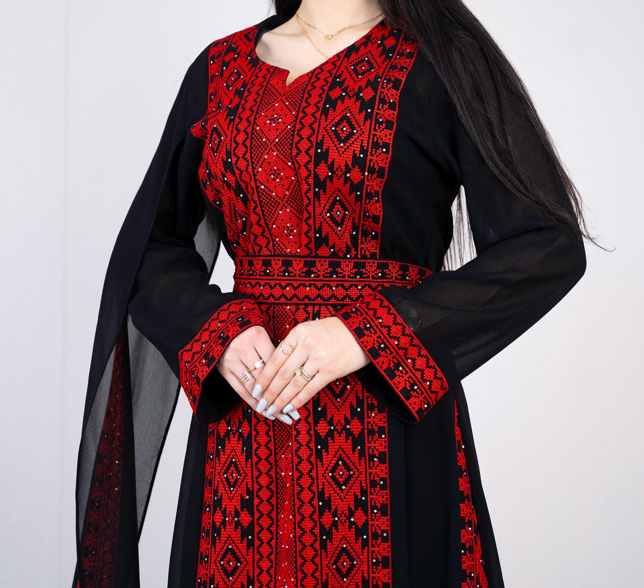 Palestinian Thobe Tatreez  Embroidery Dress Black And Red Yashmak with Ruffle - image 4