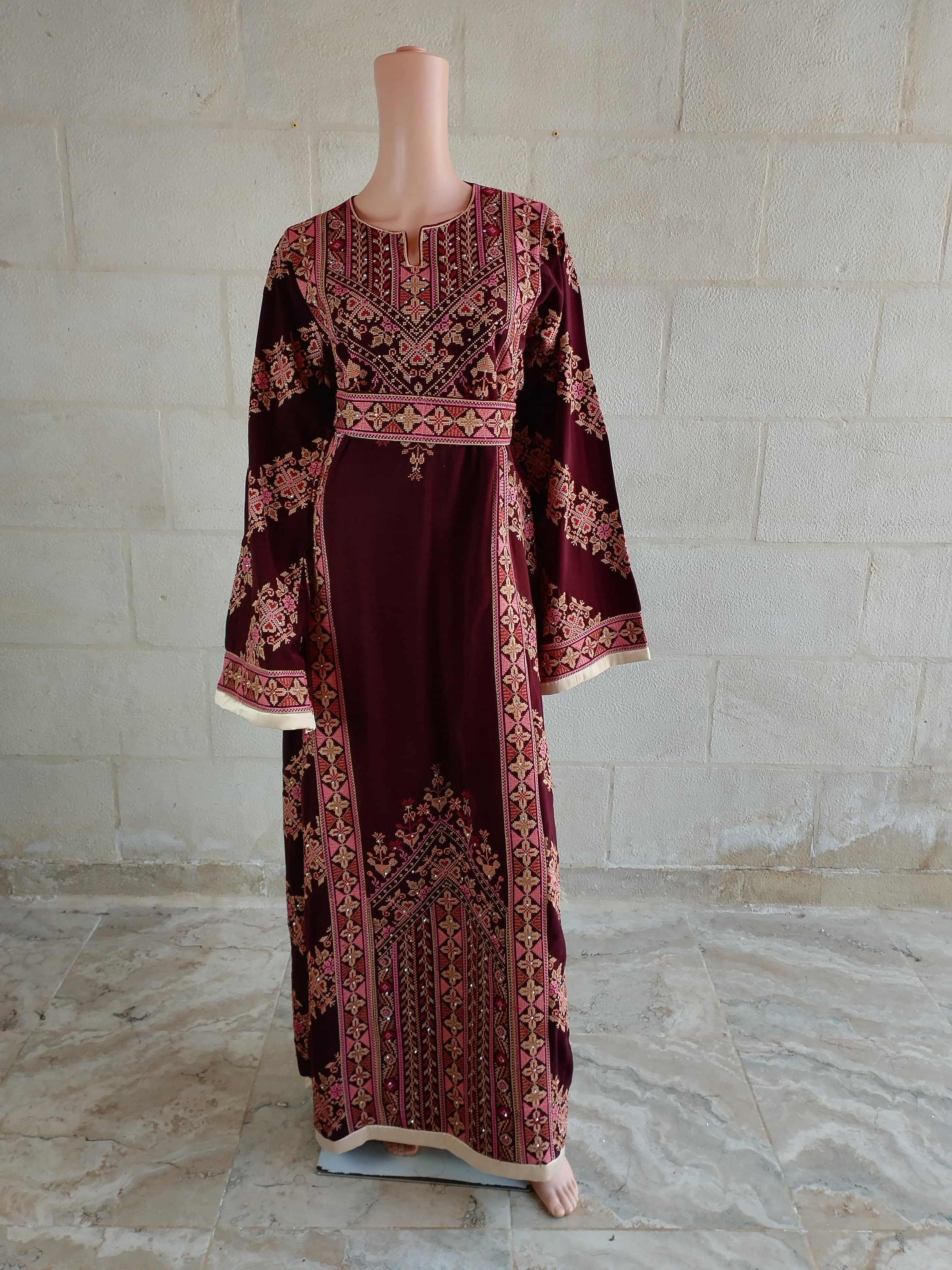 Palestinian Thobe Tatreez Dress Burgundy and Beige Embroidery connect - image 5