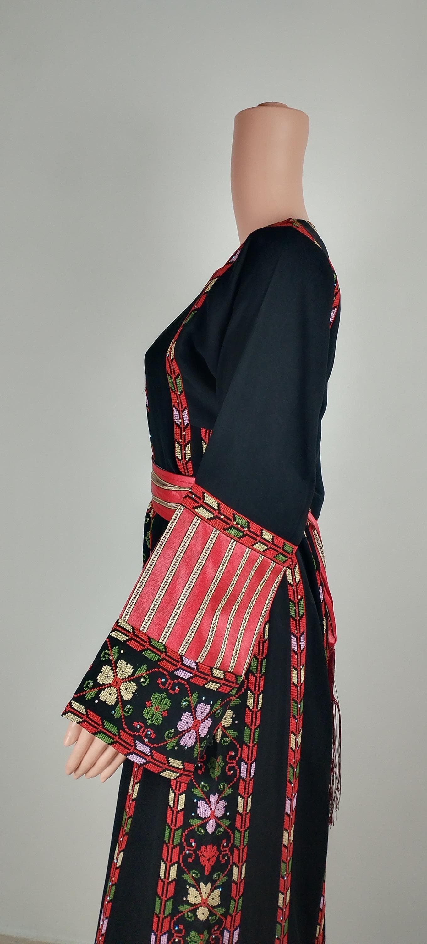 Palestinian Thobe Tatreez Dress Black and Red  with Kashmir Belt Included. - image 4