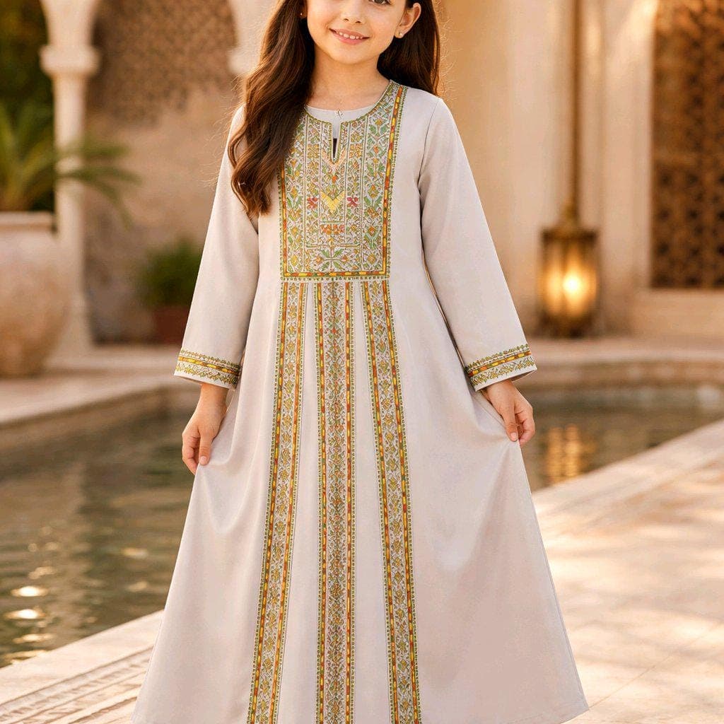 Palestinian Thobe Tatreez Little Girls Dress Cappuccino with Green embroidery