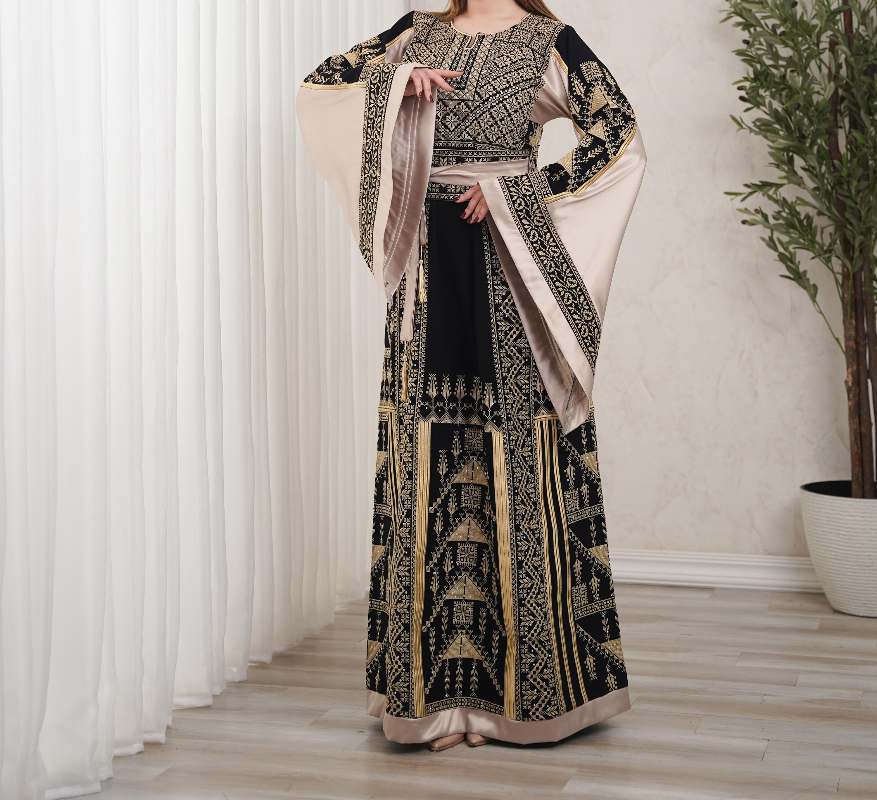 Palestinian Thobe Tatreez Dress Luxury Fellahi Black and Golden Vs - image 5