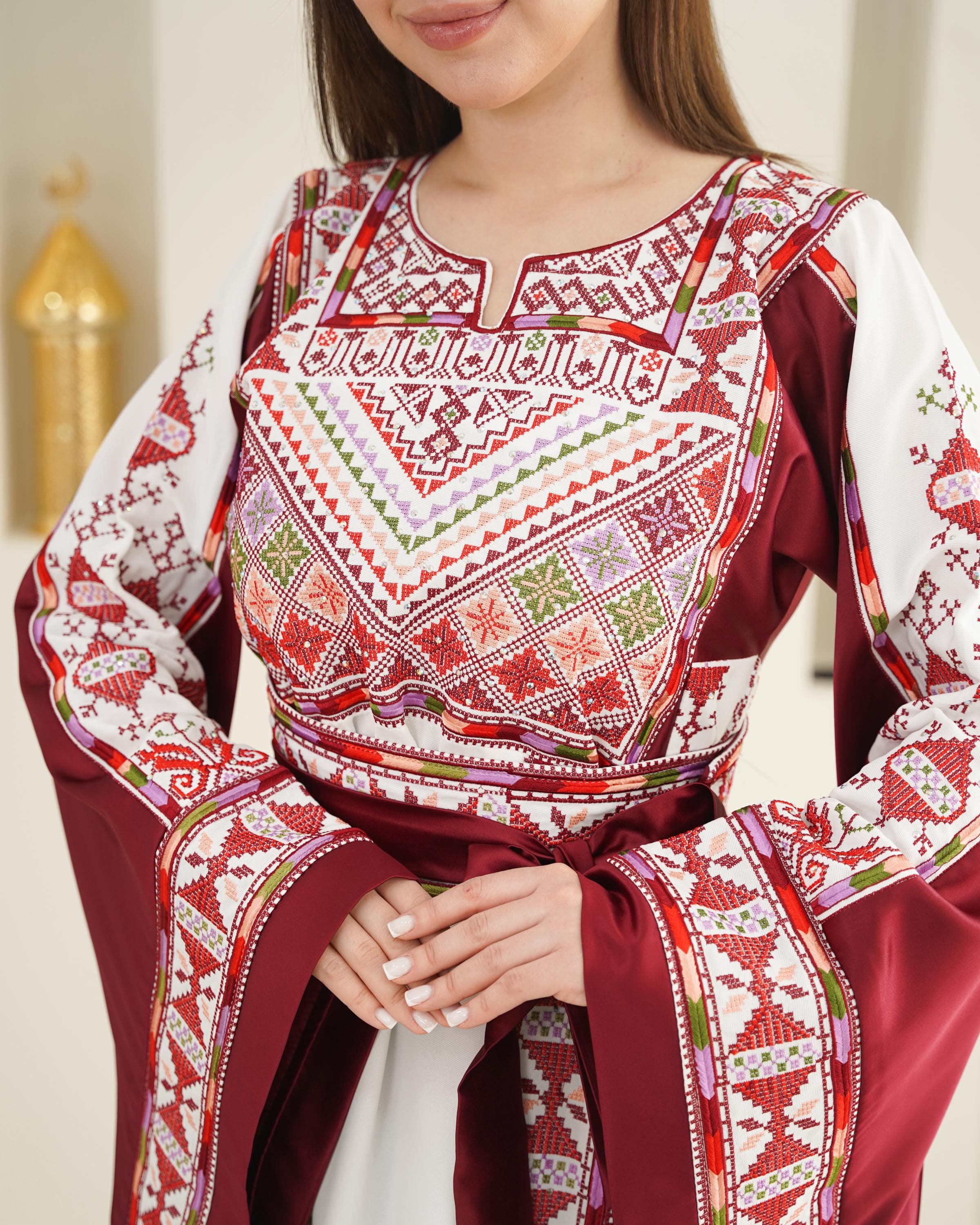 Palestinian Thobe Tatreez Dress Luxury Fellahi White and Burgundy Elegance. - image 5