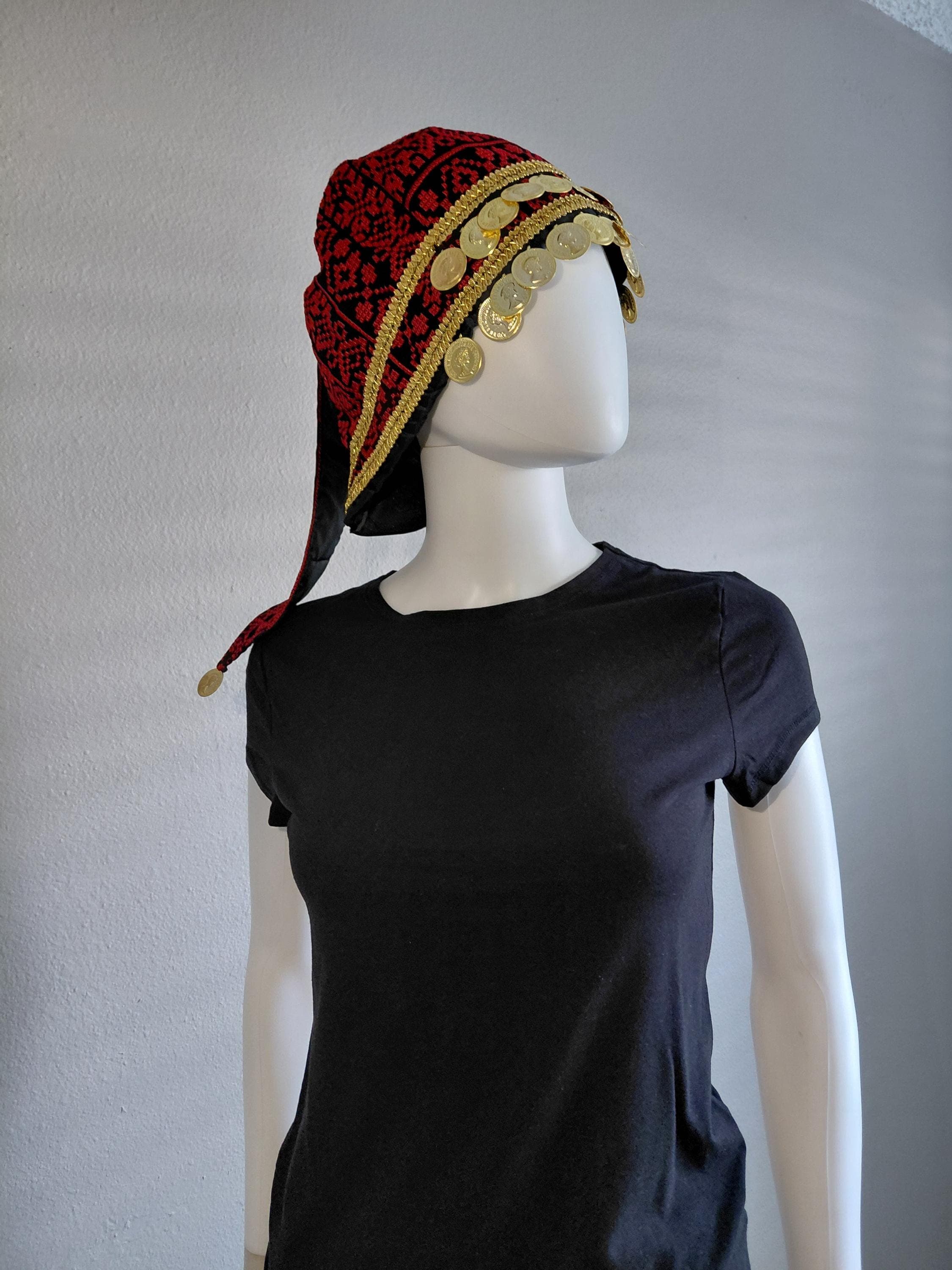 Palestinian Tatreez Embroidered Hat With Coins Red and Black - image 4