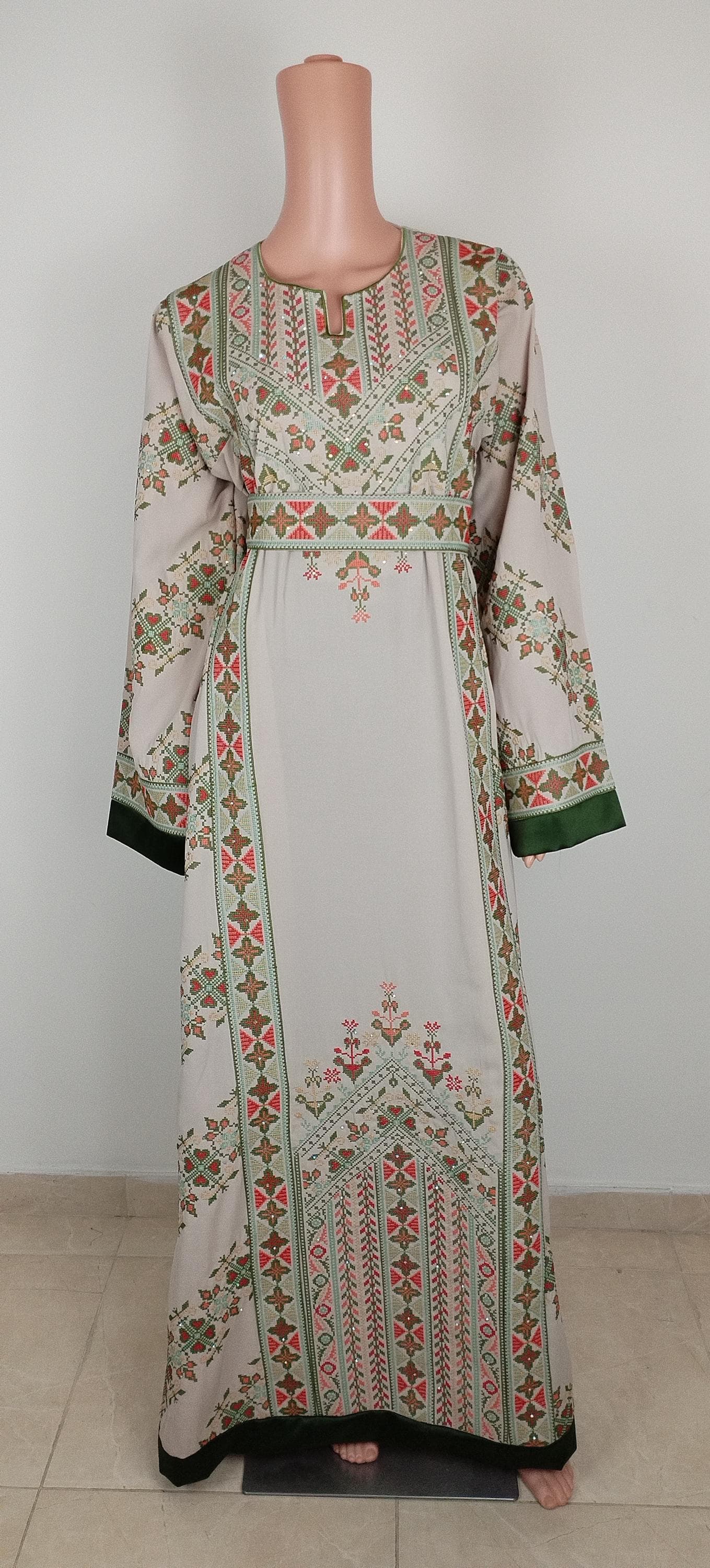 Palestinian Thobe Tatreez Dress Cappuccino and Green Embroidery connect - image 4