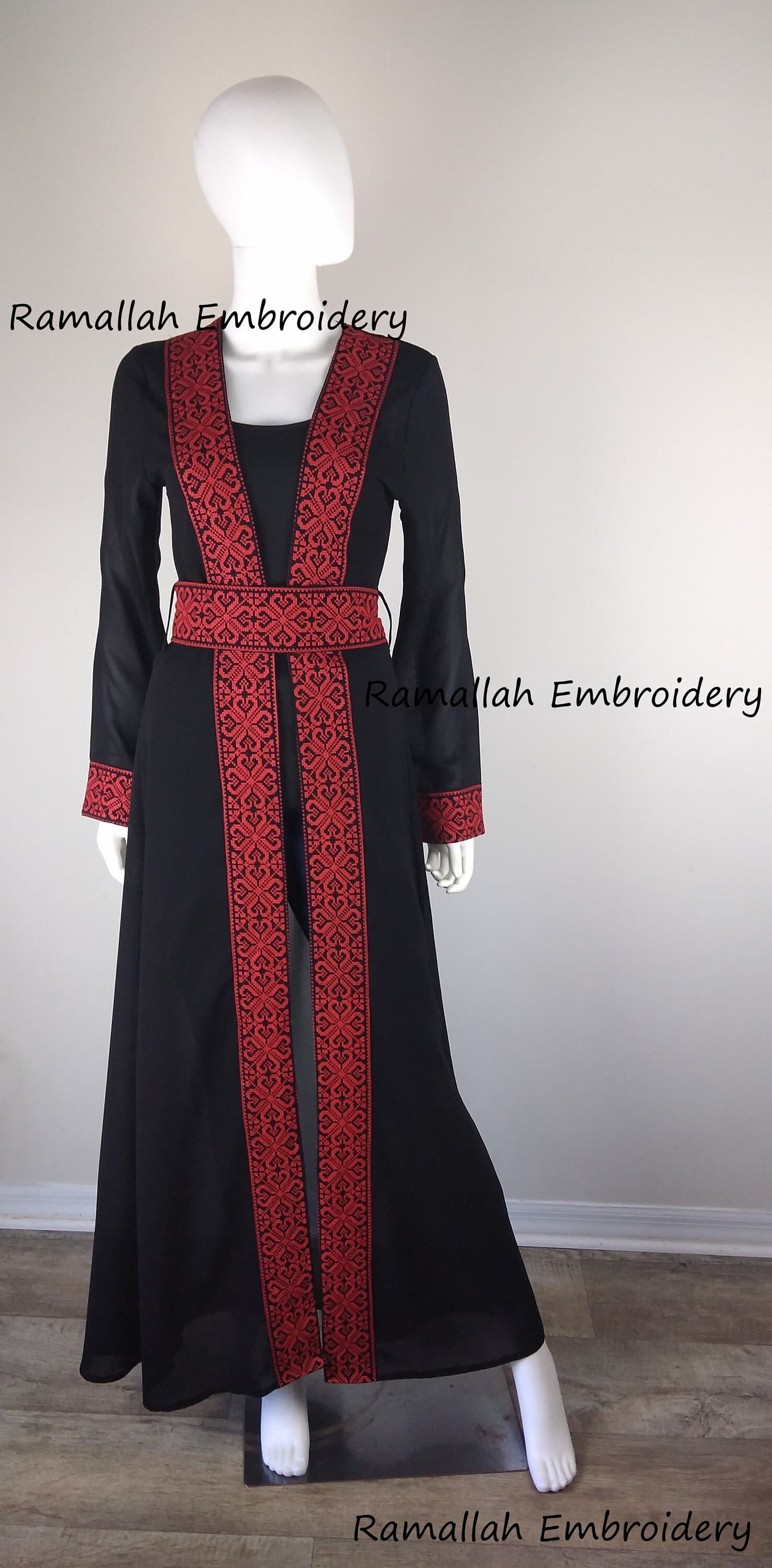 Palestinian Embroidered Open Abaya Black And Red Amazing Bisht See Through - image 3