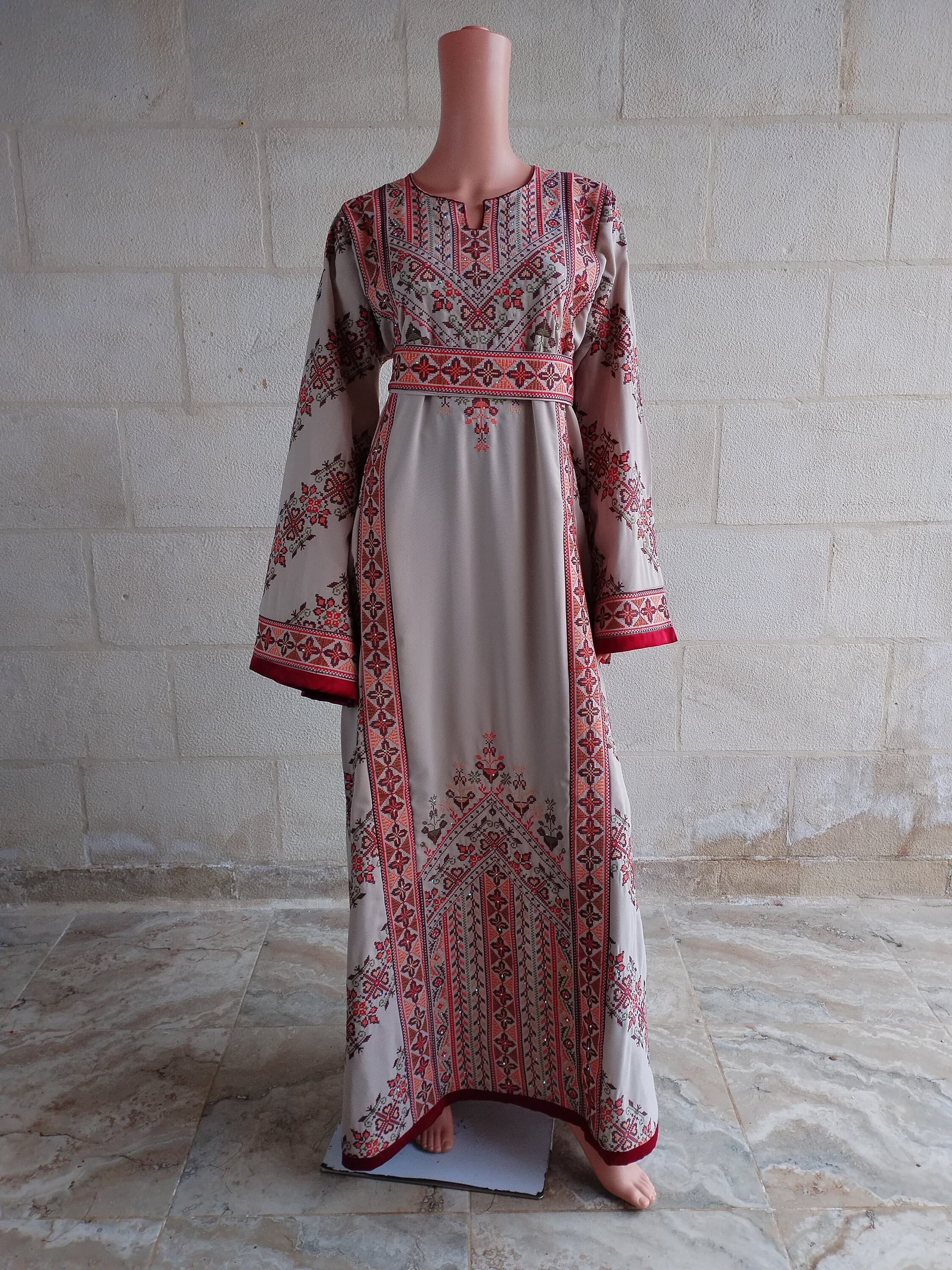 Palestinian Thobe Tatreez Dress Cappuccino and Burgundy Embroidery connect