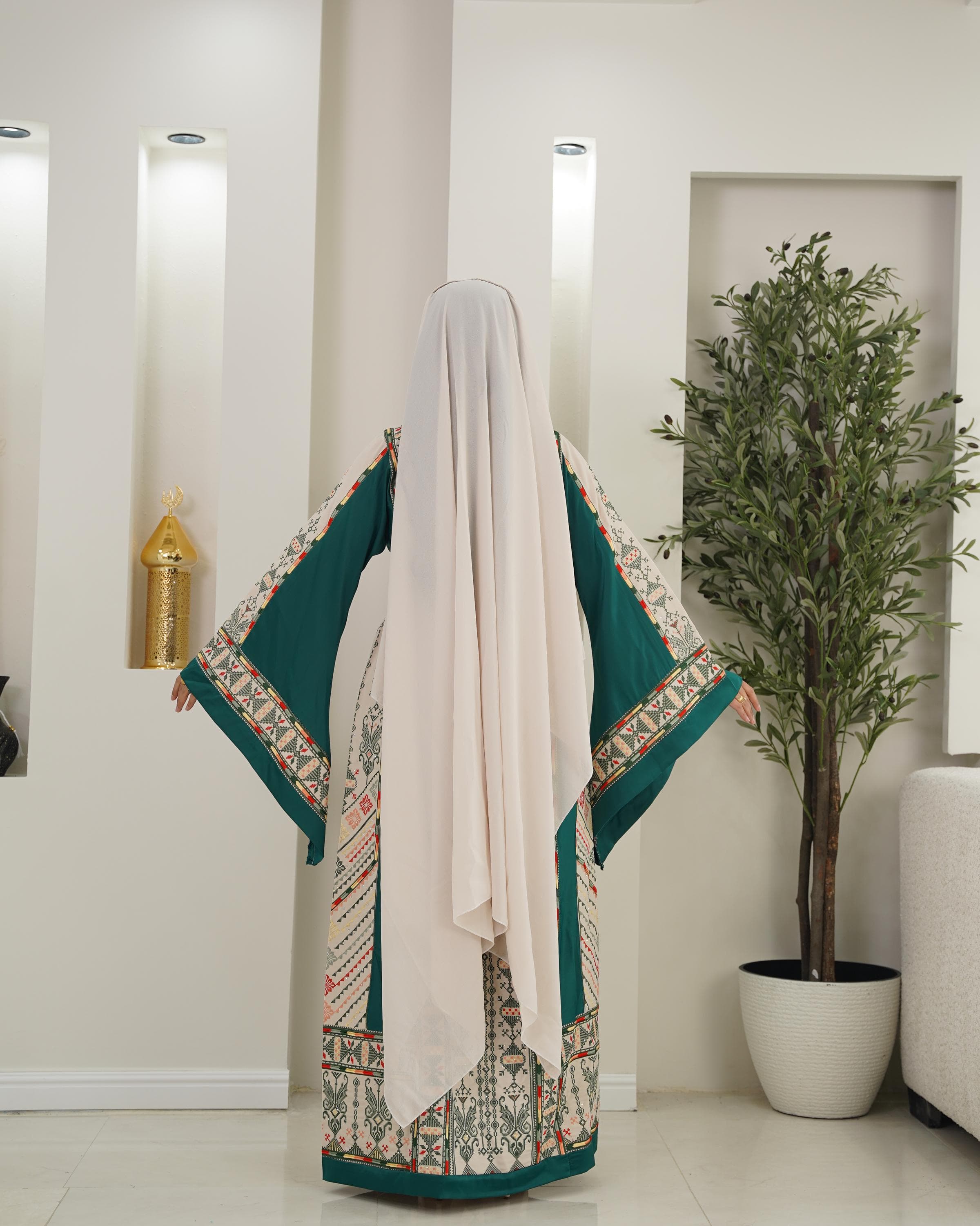 Palestinian Thobe Tatreez Dress Luxury Fellahi Cappuccino and  Green Elegance. - image 4