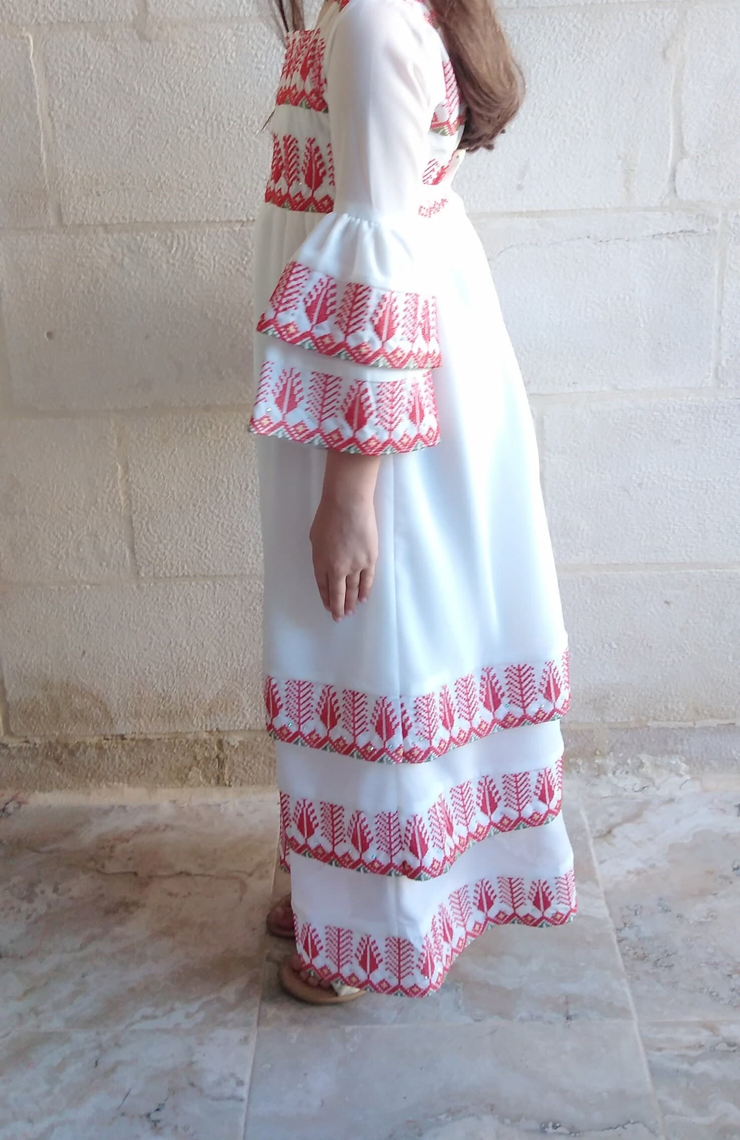 Little Girl Palestinian Embroidered Ruffle White Dress Thobe Kaftan Tatreez. - image 2