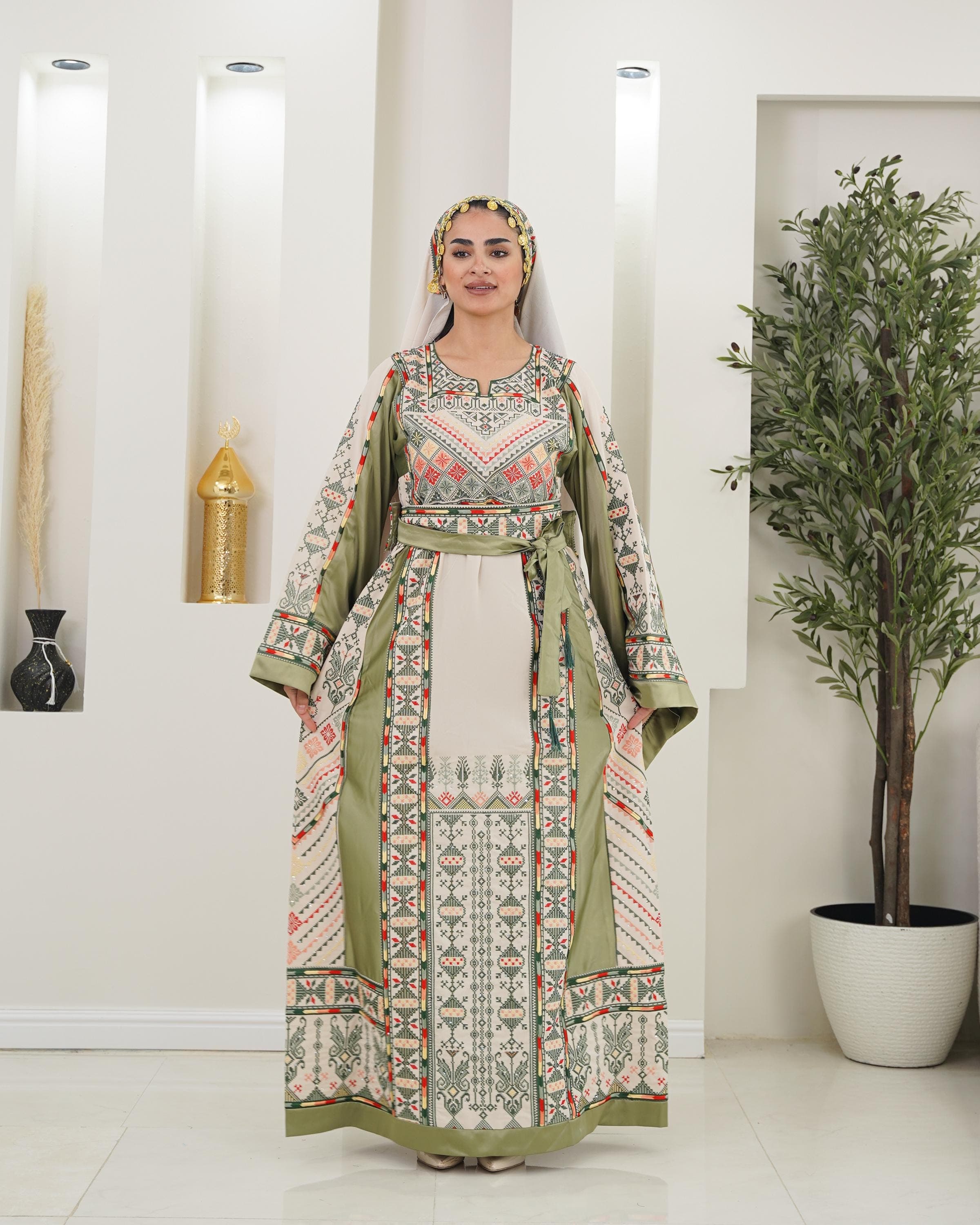 Palestinian Thobe Tatreez Dress Luxury Fellahi Cappuccino and Kiwi Green Elegance. - image 5