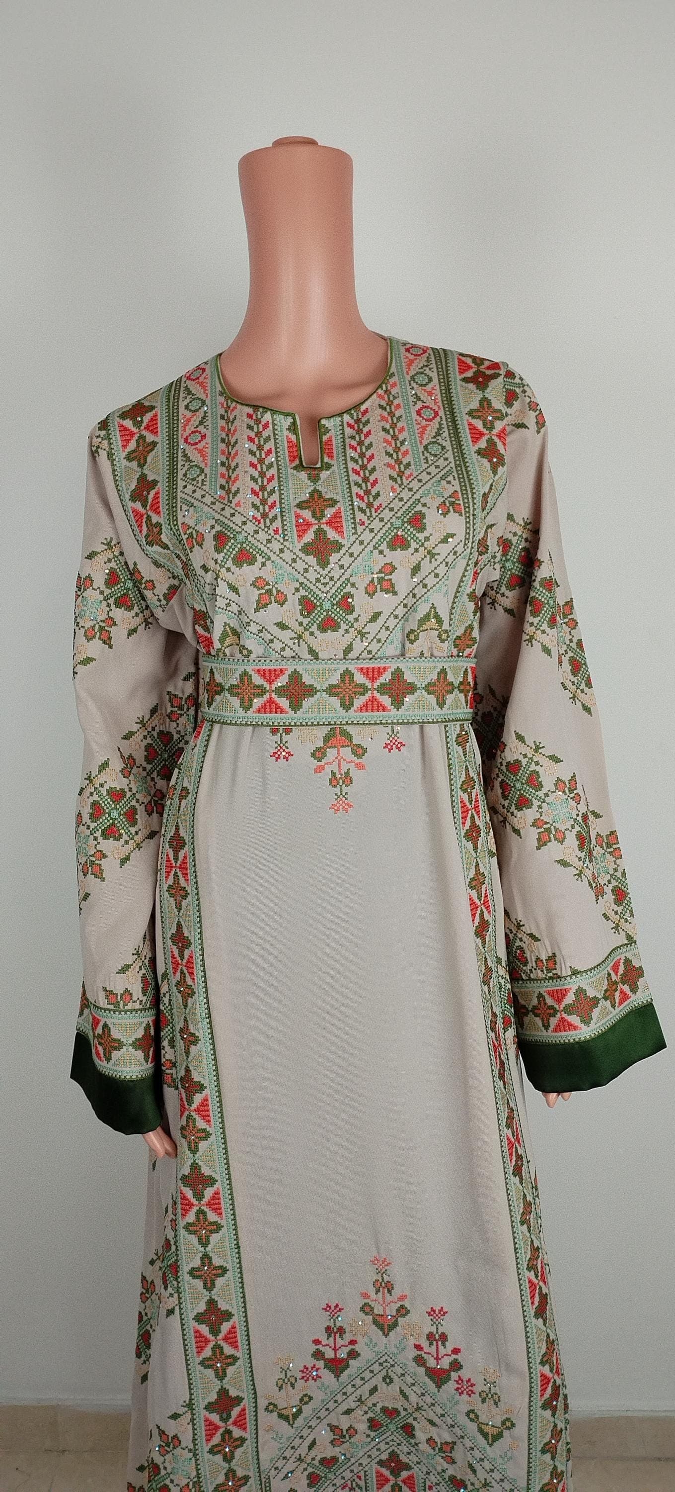Palestinian Thobe Tatreez Dress Cappuccino and Green Embroidery connect - image 3