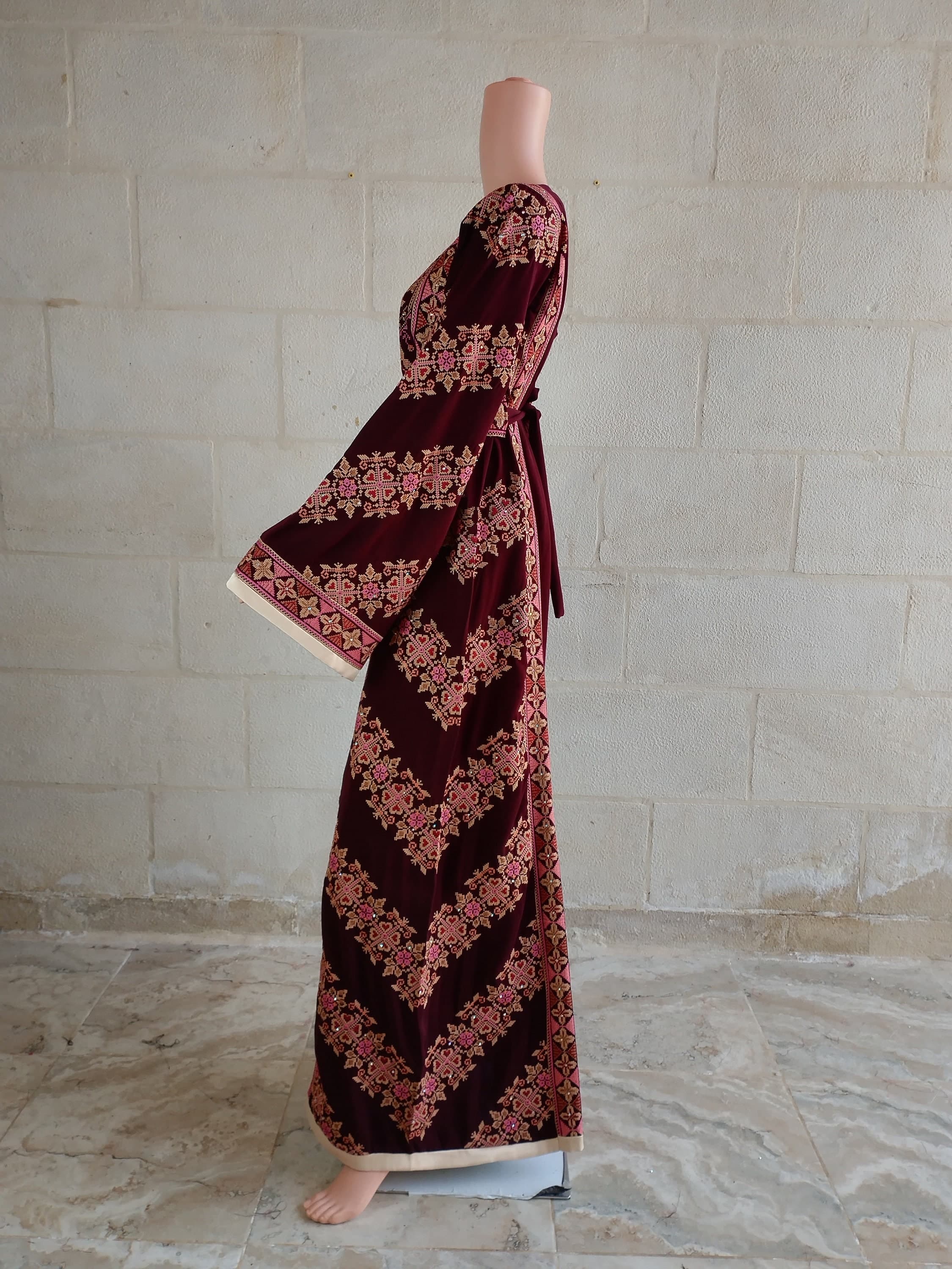 Palestinian Thobe Tatreez Dress Burgundy and Beige Embroidery connect - image 4