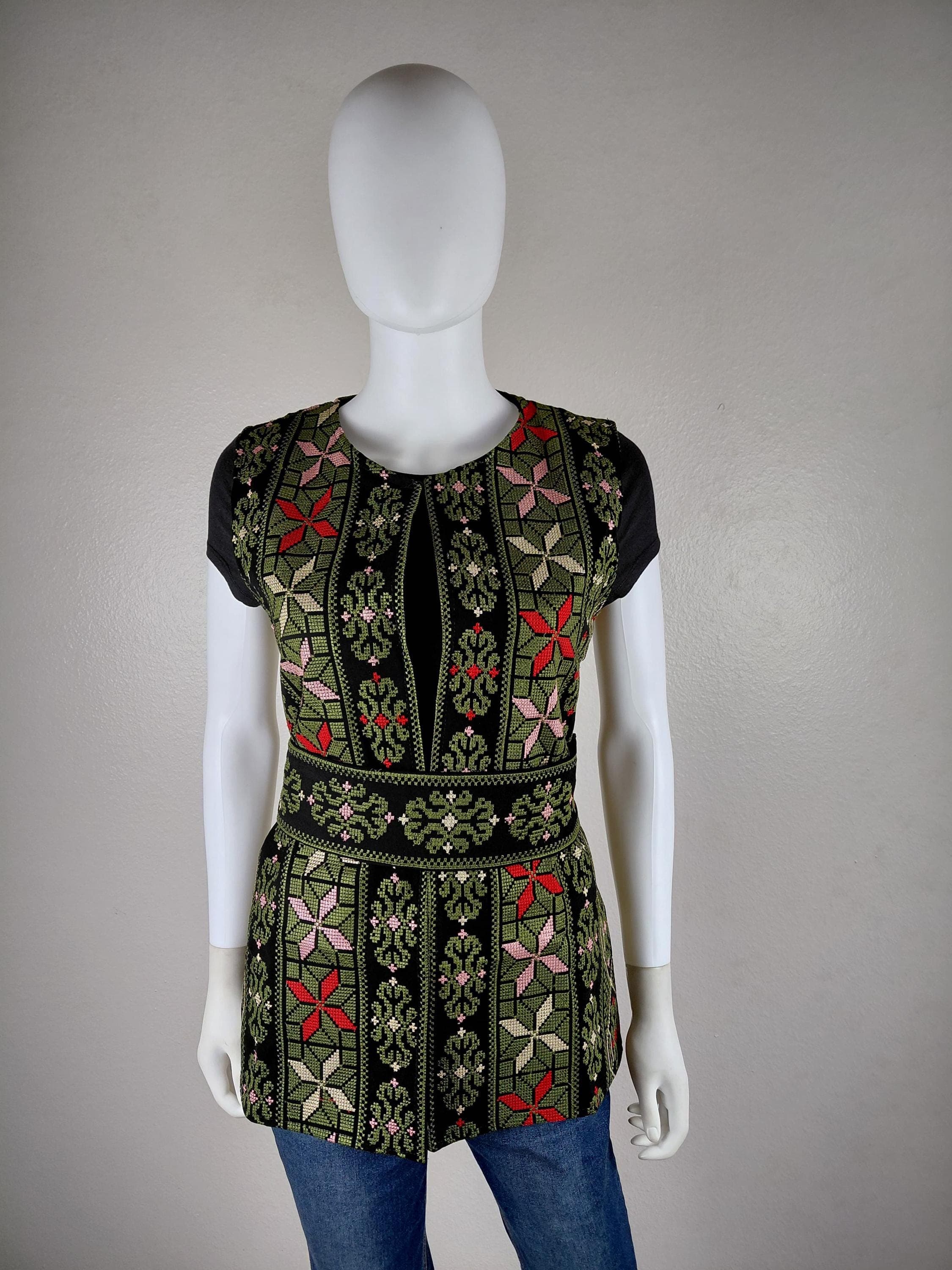 Palestinian Embroidery Stunning Vest Tatreez  Green And Black Stylish.