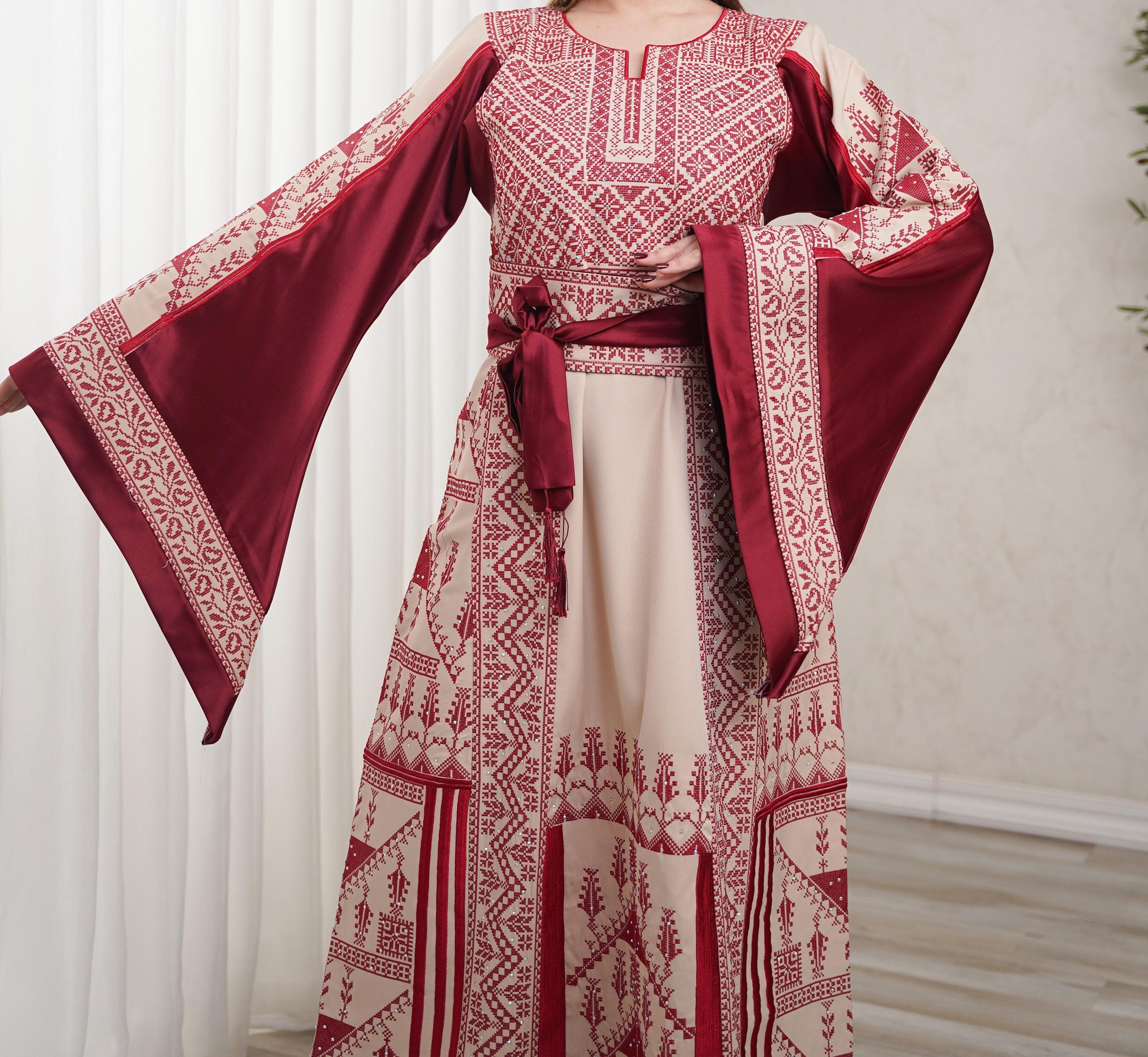 Palestinian Thobe Tatreez Dress Luxury Fellahi Cappuccino and Burgundy Vs.