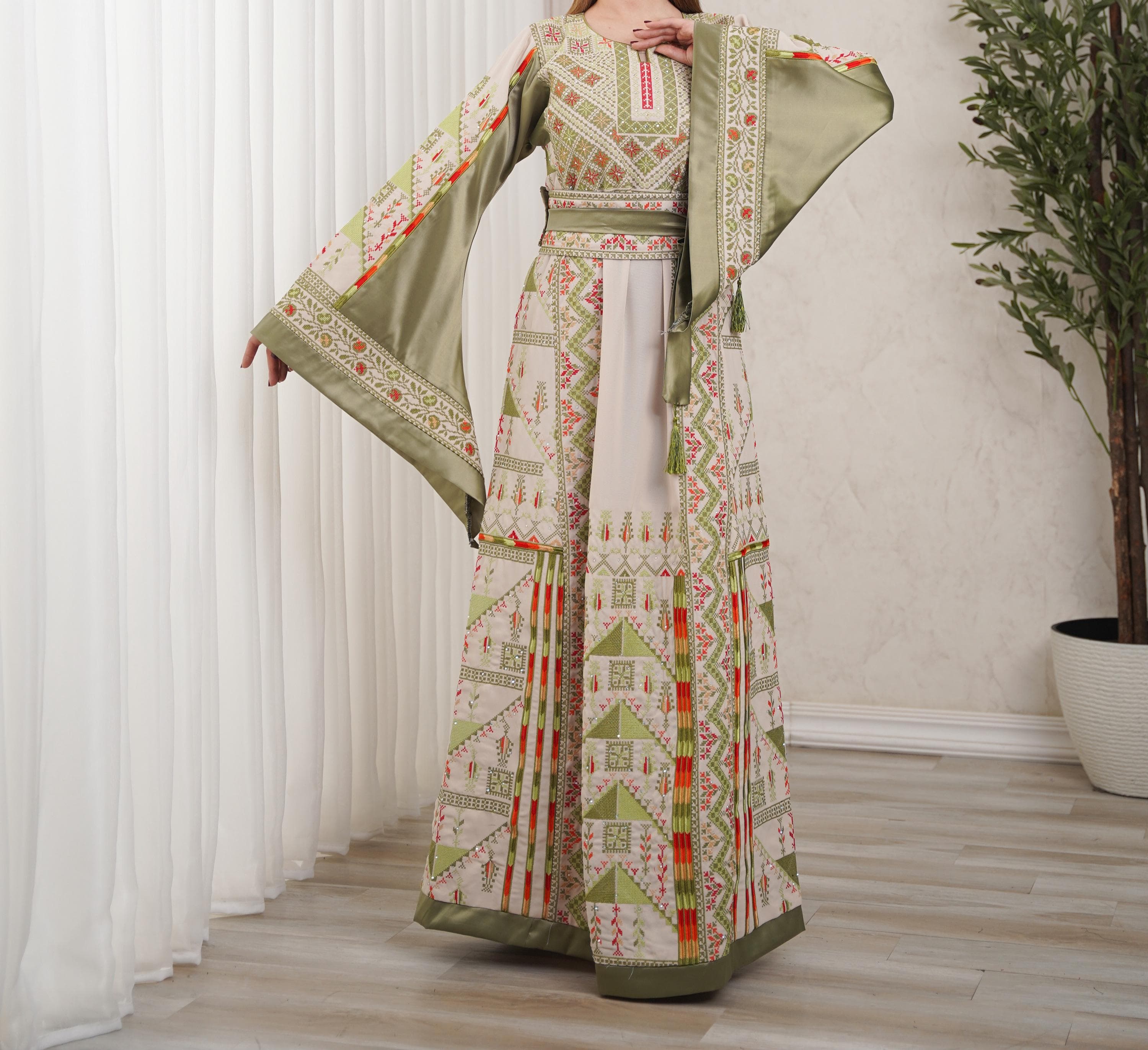 Palestinian Thobe Tatreez Dress Luxury Fellahi Cappuccino and Green Kiwi Satin - image 5