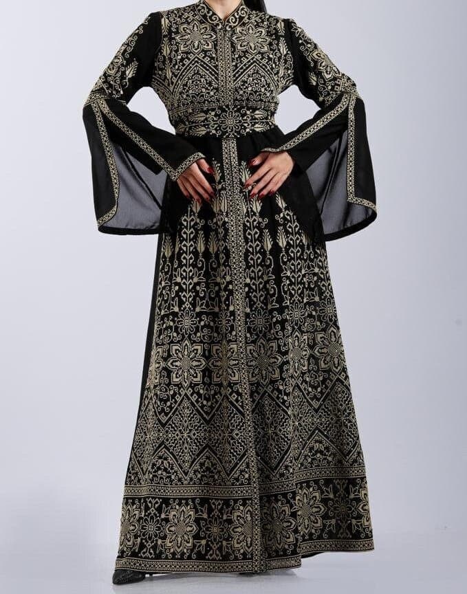 Palestinian Thobe Embroidery Maxi Dress Black and Gold Sunbola