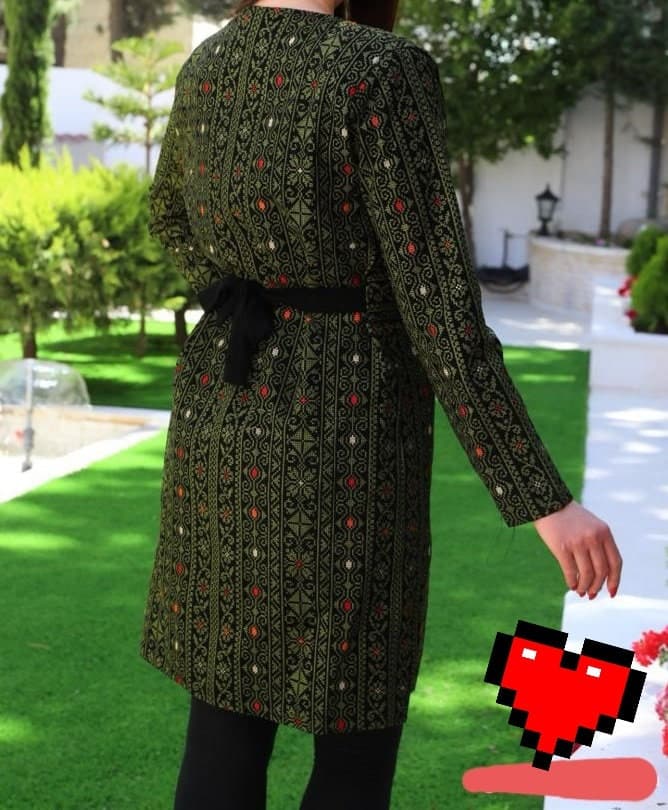 Palestinian Tatreez Embroidery Jacket Black and Green Knee Reach - image 5