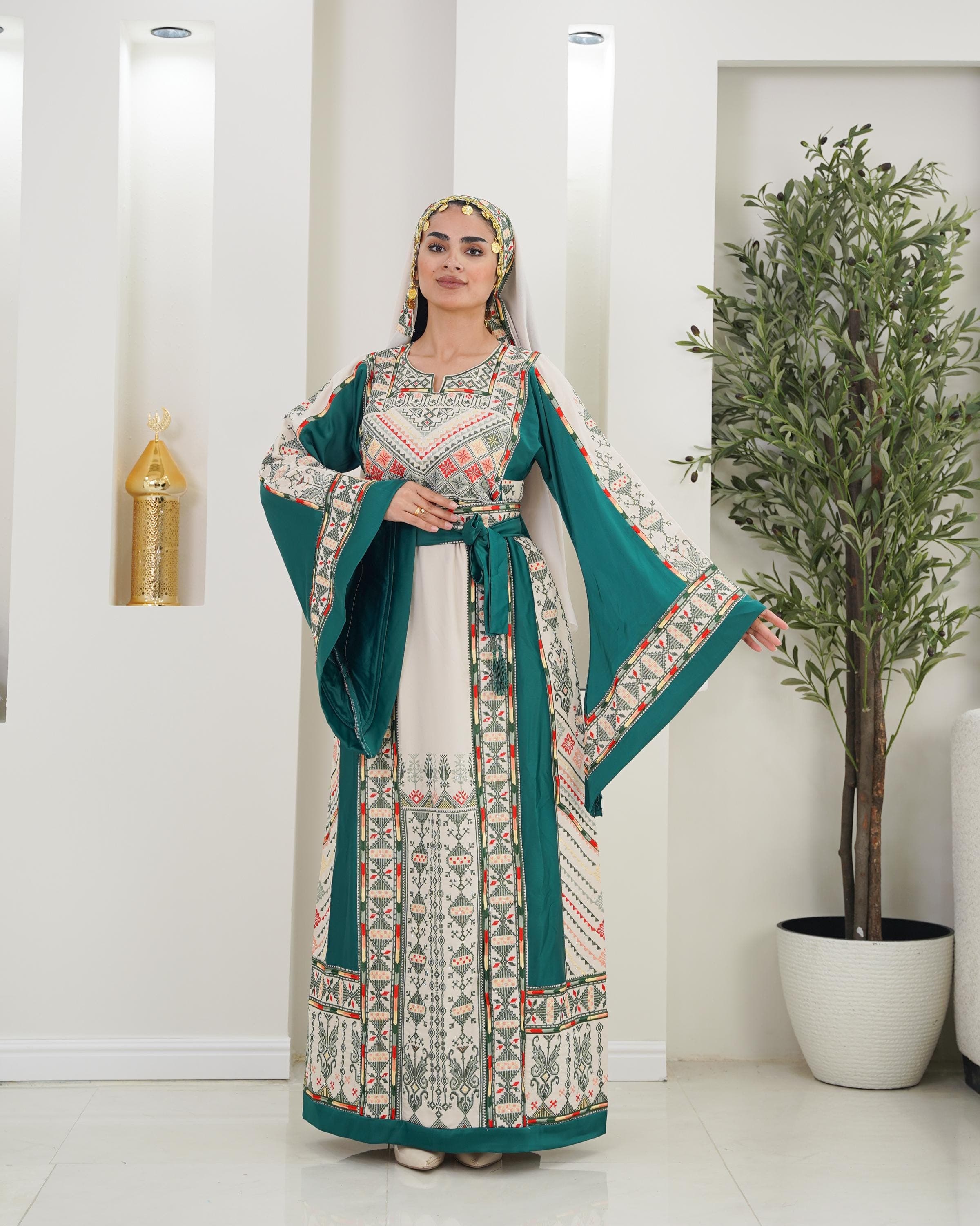Palestinian Thobe Tatreez Dress Luxury Fellahi Cappuccino and  Green Elegance.