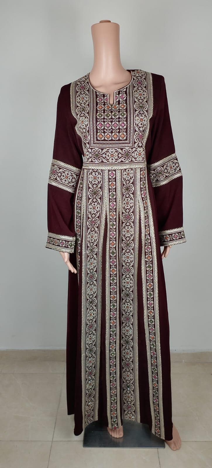 Palestinian Thobe Embroidery Tatreez Dress Burgundy And Golden Sunara - image 3