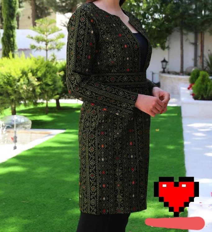 Palestinian Tatreez Embroidery Jacket Black and Green Knee Reach - image 3