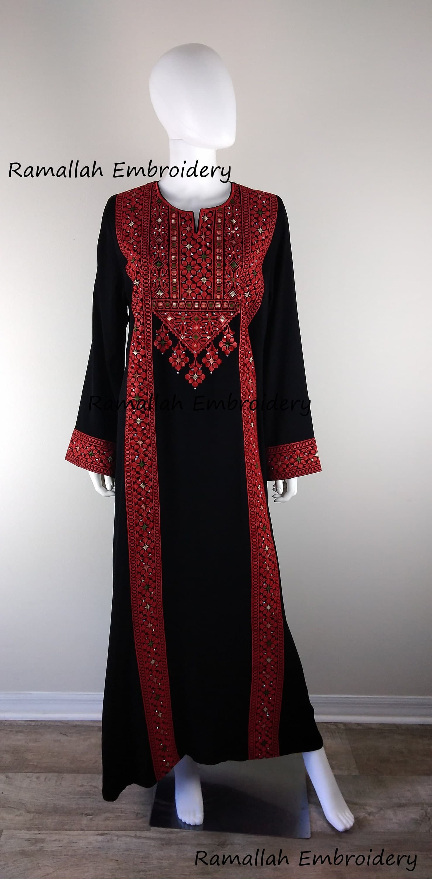 Palestinian Thobe Tatreez Embroidery Maxi Dress Red and Black