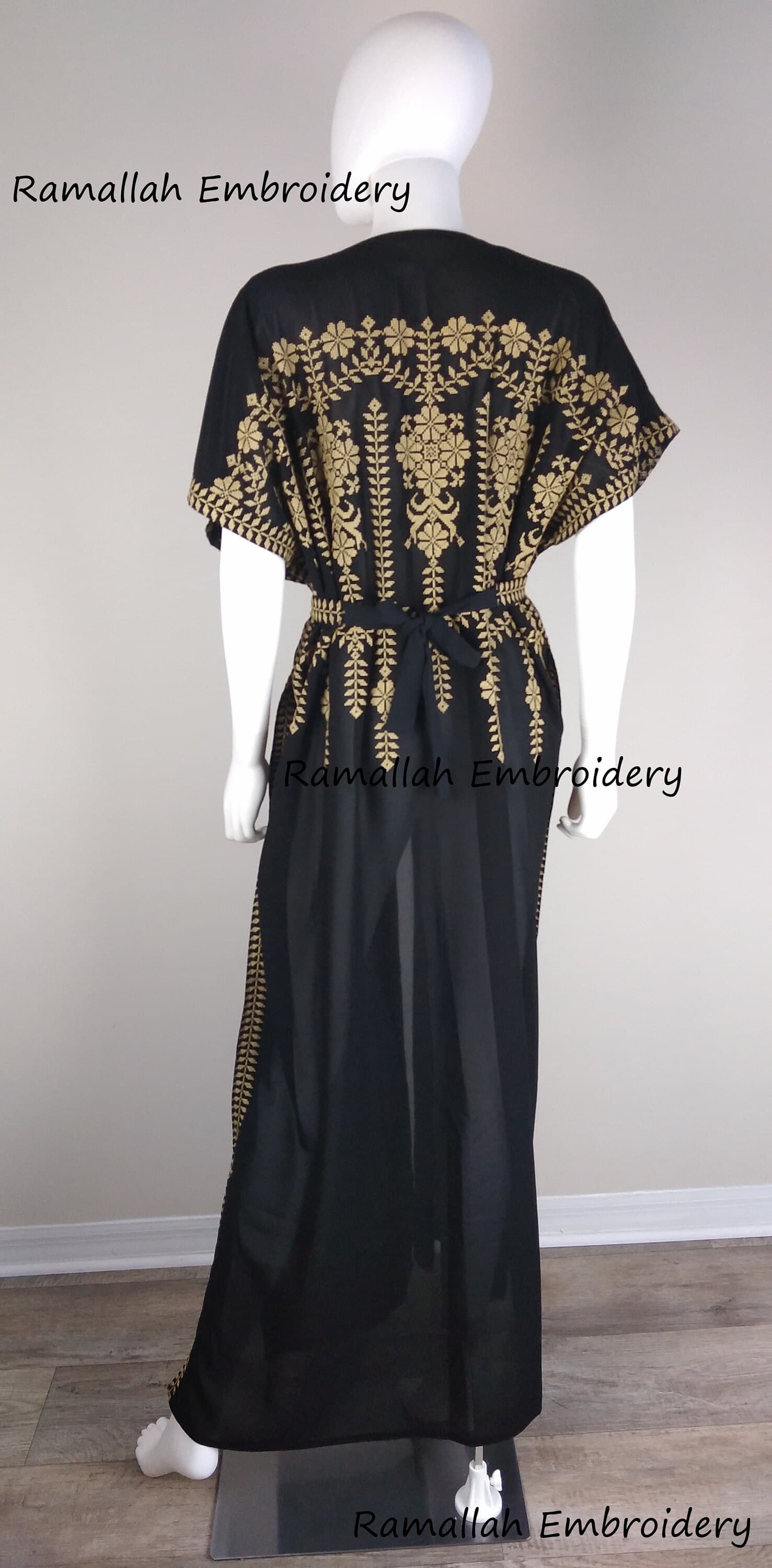 Palestinian thobe One Size Abaya kaftan Black and Golden Embroidery - image 3