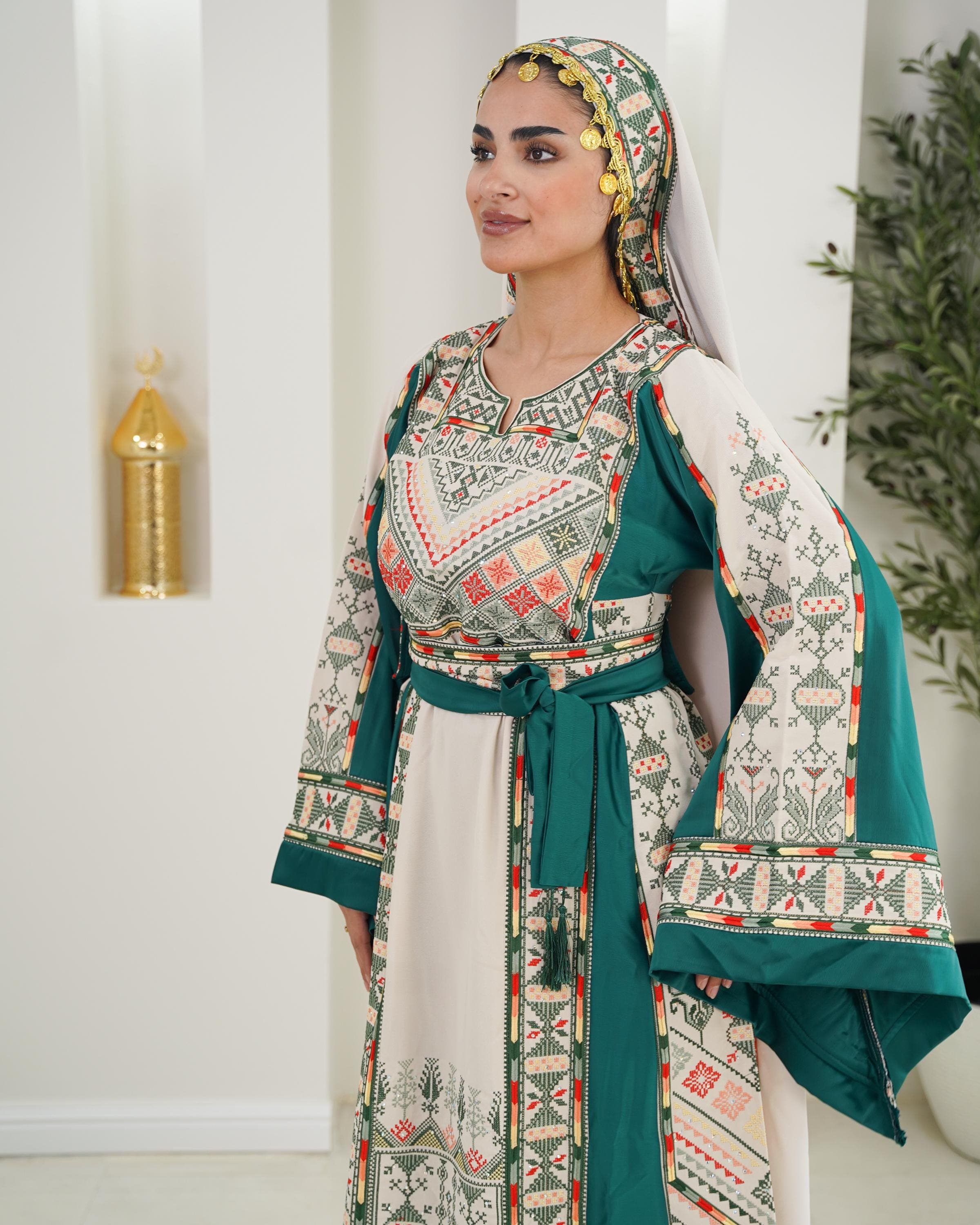 Palestinian Thobe Tatreez Dress Luxury Fellahi Cappuccino and  Green Elegance. - image 3