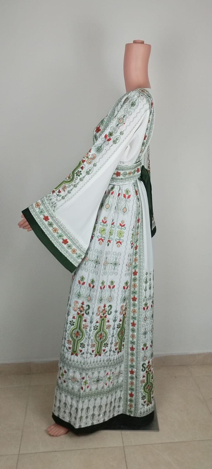 Palestinian Thobe Tatreez Dress Luxury Fellahi White and Green Agabani. - image 5