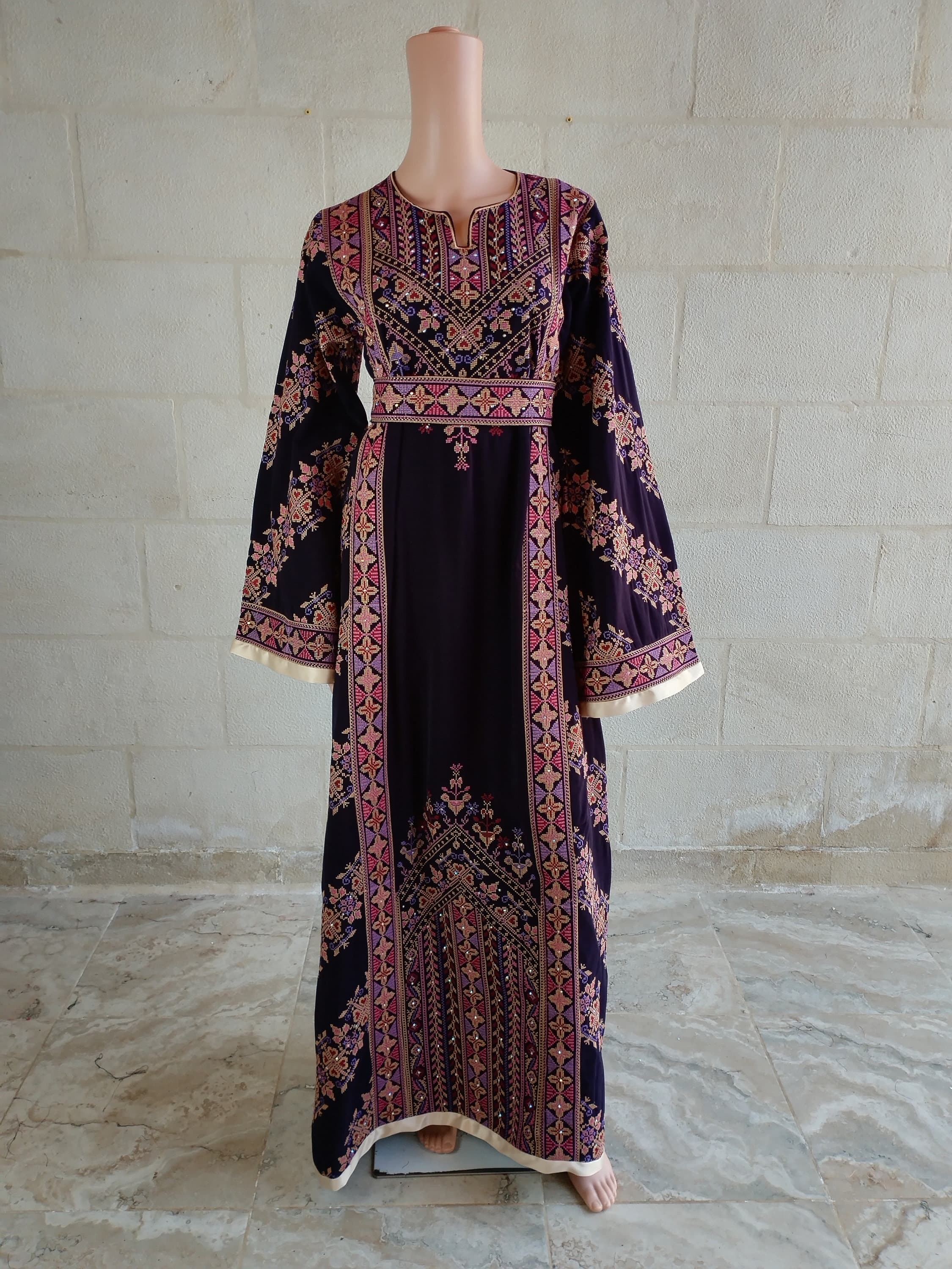 Palestinian Thobe Tatreez Dress Purple and Golden Embroidery connect - image 5