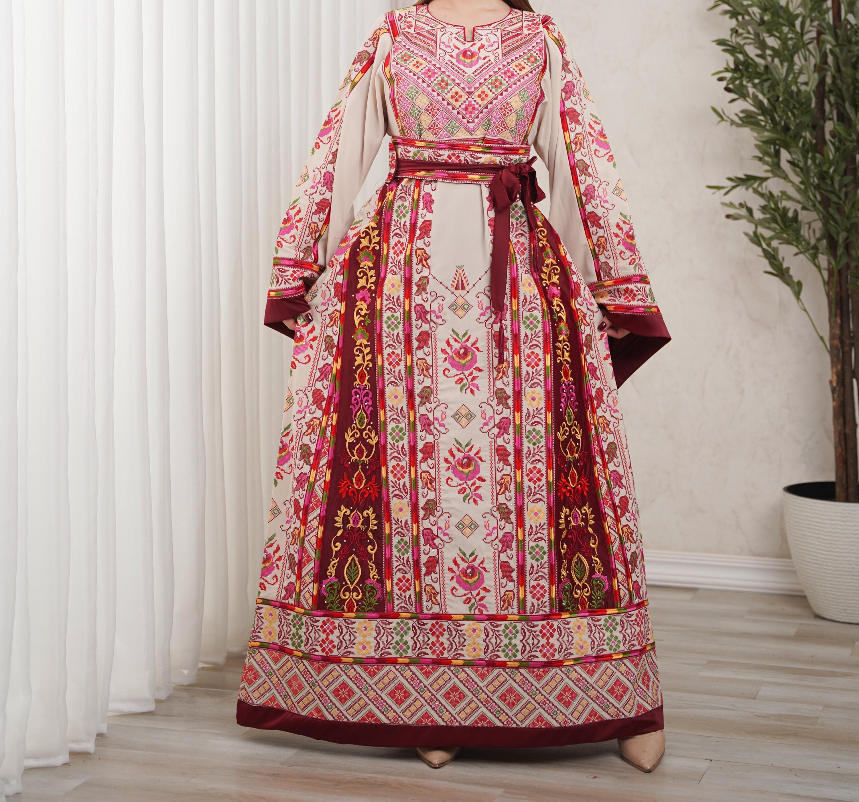 Palestinian Thobe Tatreez Dress Luxury Fellahi Cappuccino and Burgundy Embroidered Satin.