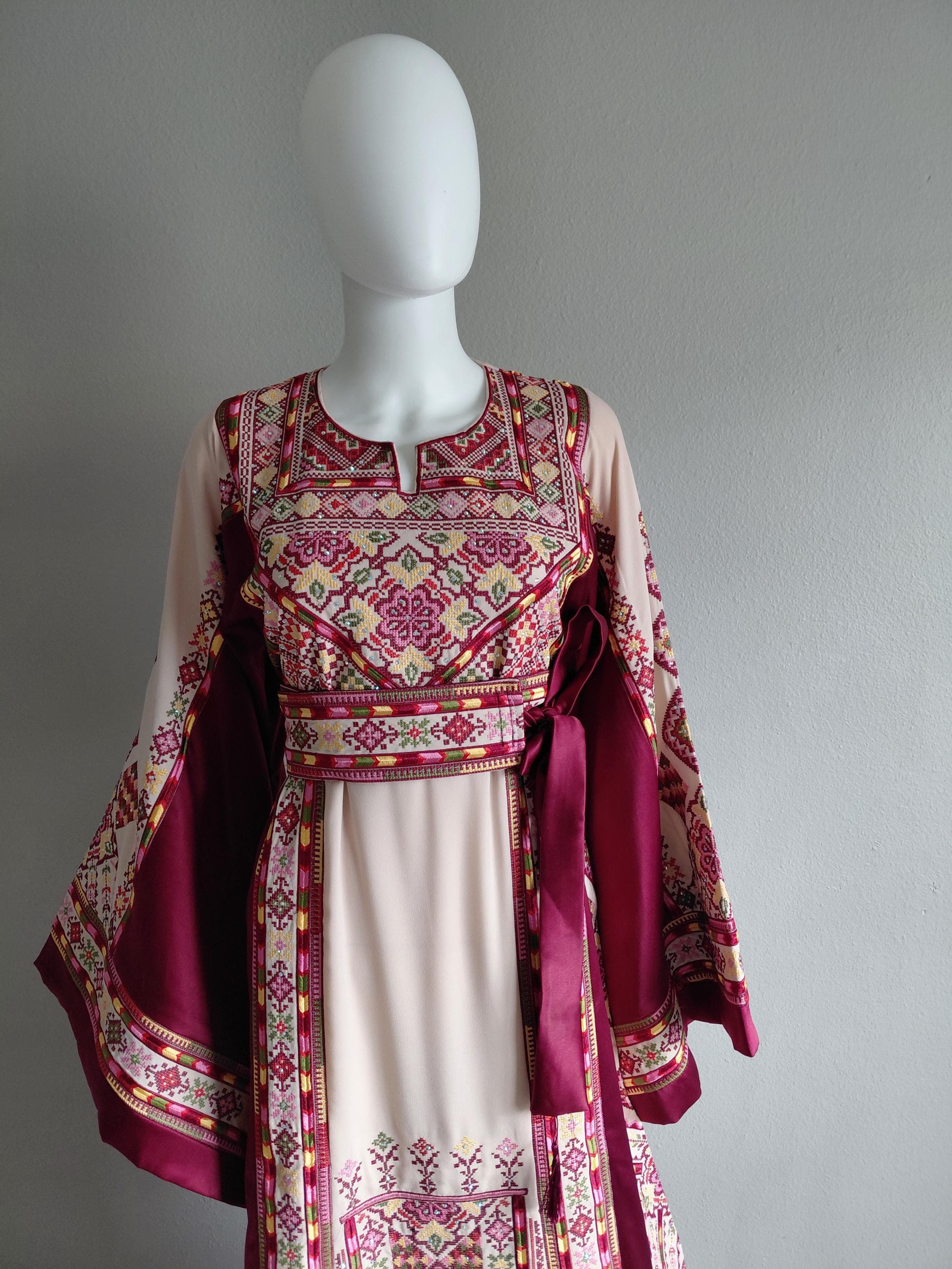 Palestinian Thobe Tatreez Dress Luxury Fellahi Cappuccino and Burgundy Satin