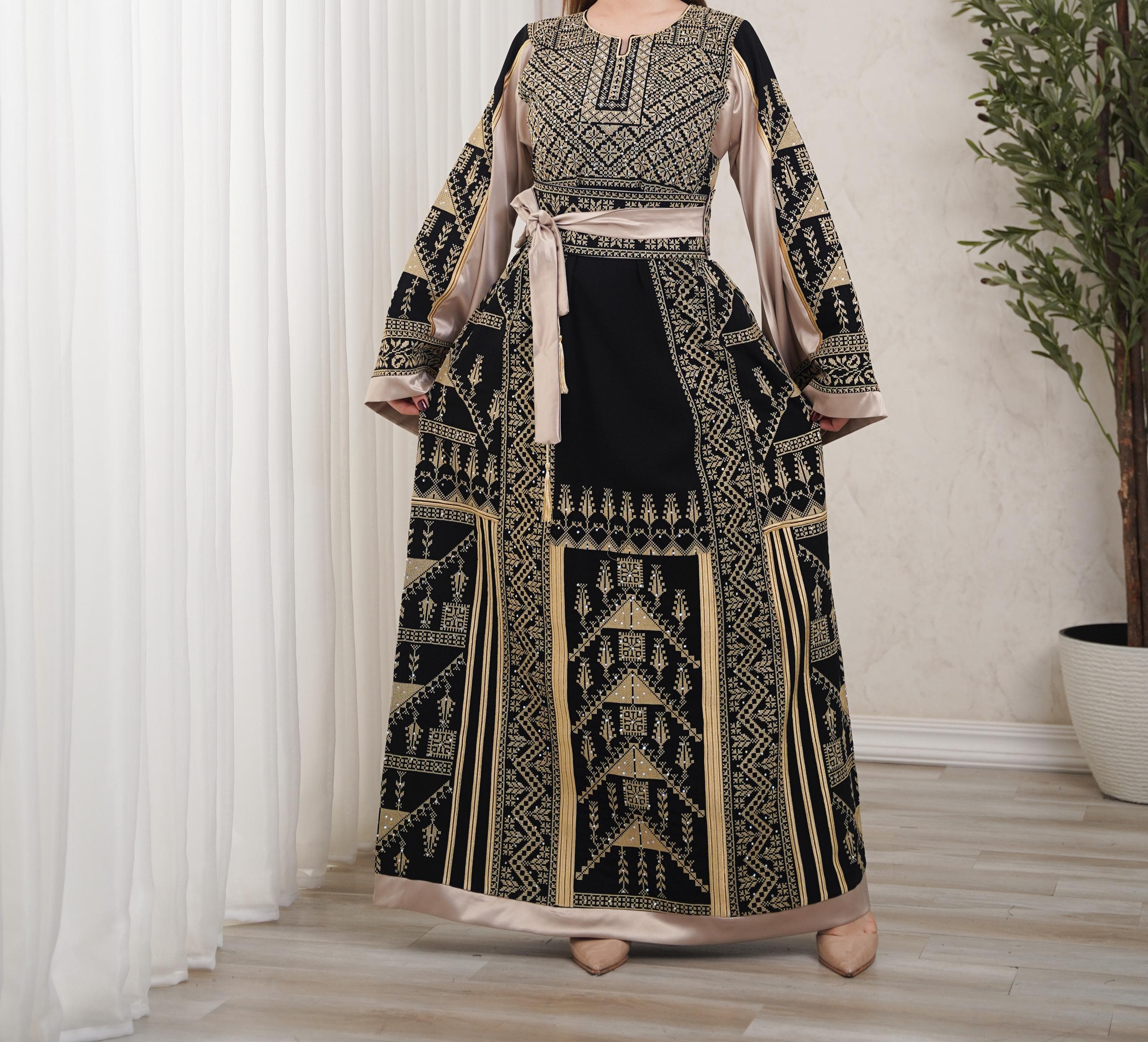 Palestinian Thobe Tatreez Dress Luxury Fellahi Black and Golden Vs - image 3