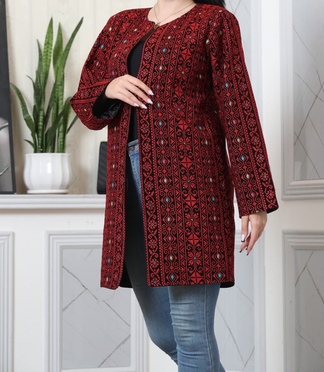 Palestinian Tatreez Embroidery Jacket Black and Red Knee Reach - image 3
