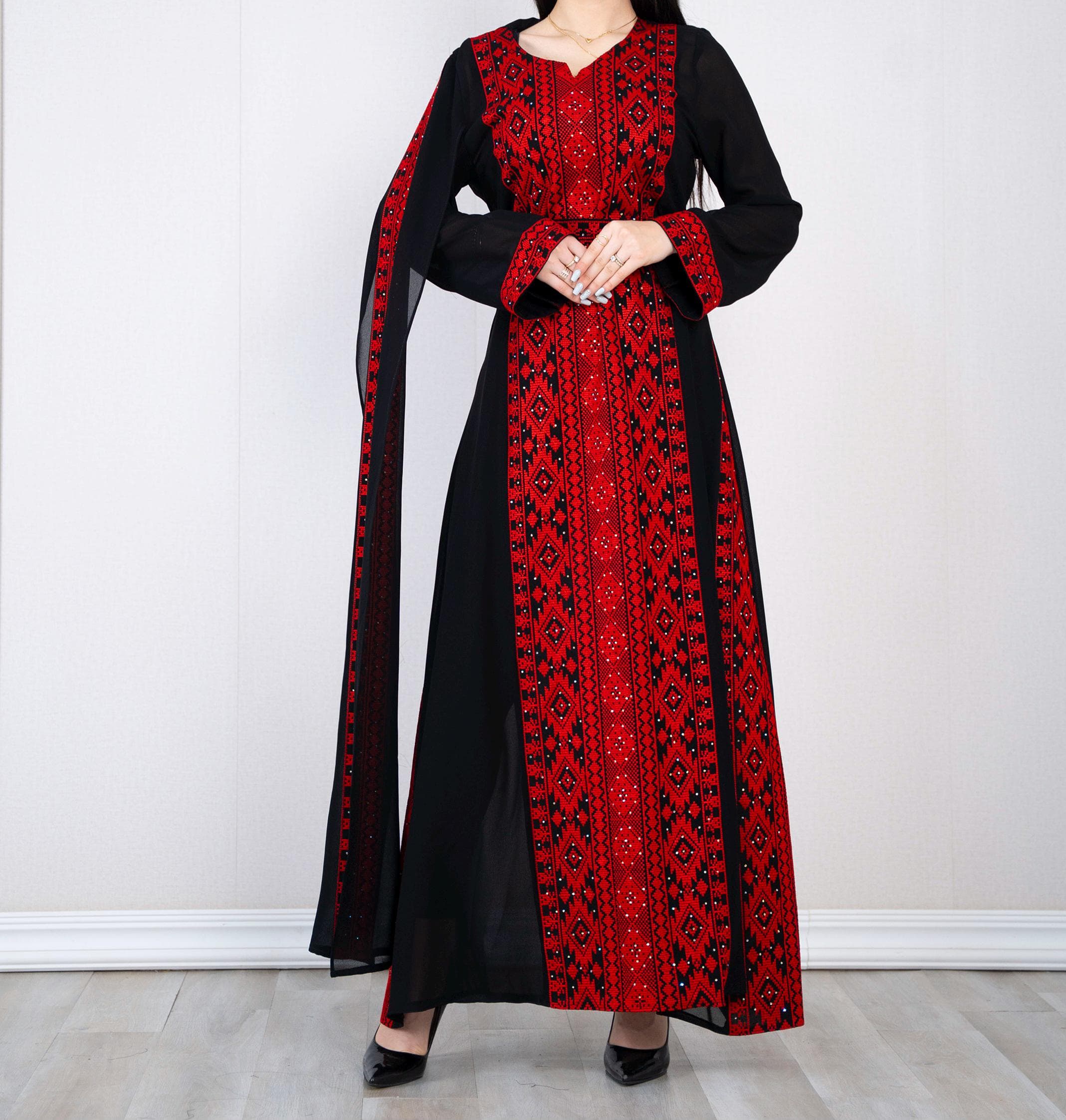 Palestinian Thobe Tatreez  Embroidery Dress Black And Red Yashmak with Ruffle - image 5