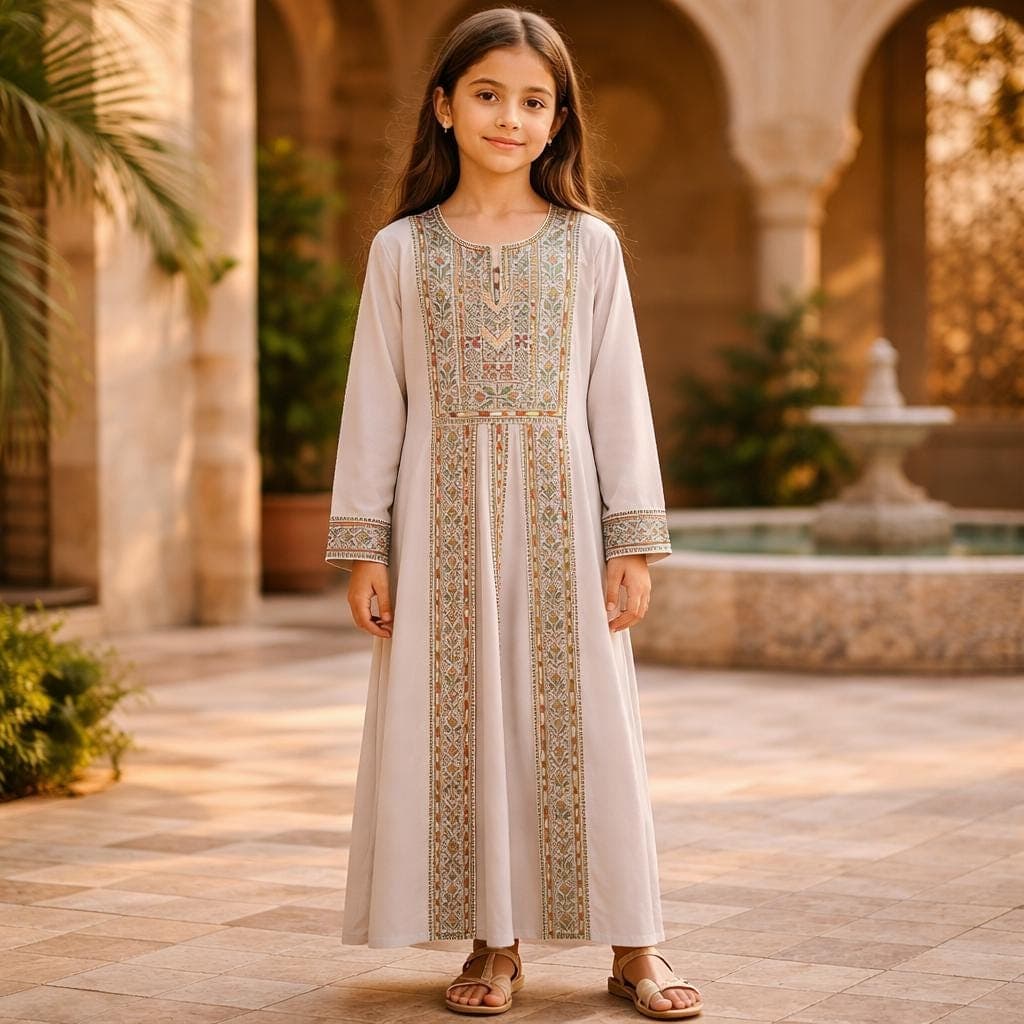 Palestinian Thobe Tatreez Little Girls Dress Cappuccino with Green embroidery - image 3