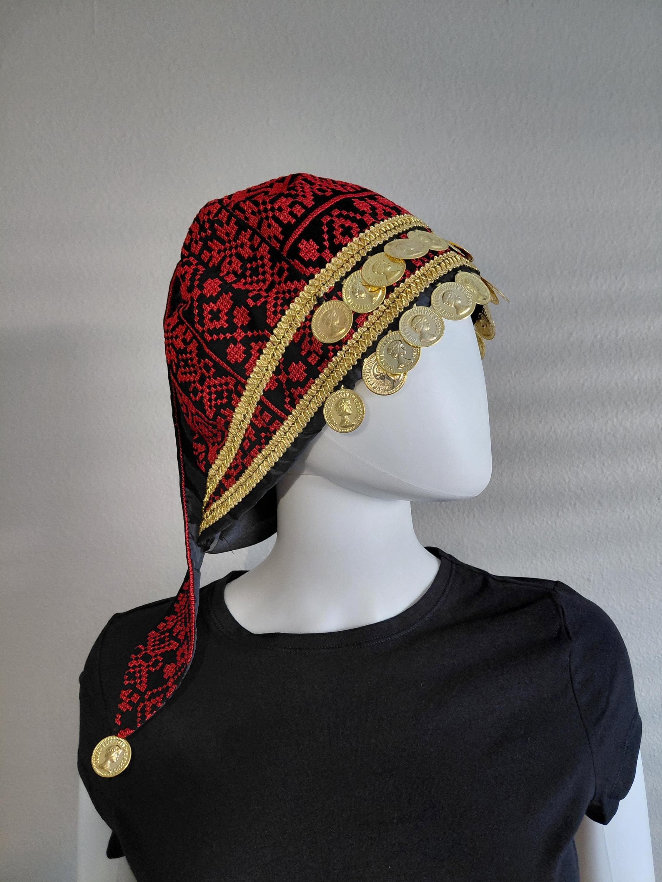 Palestinian Tatreez Embroidered Hat With Coins Red and Black