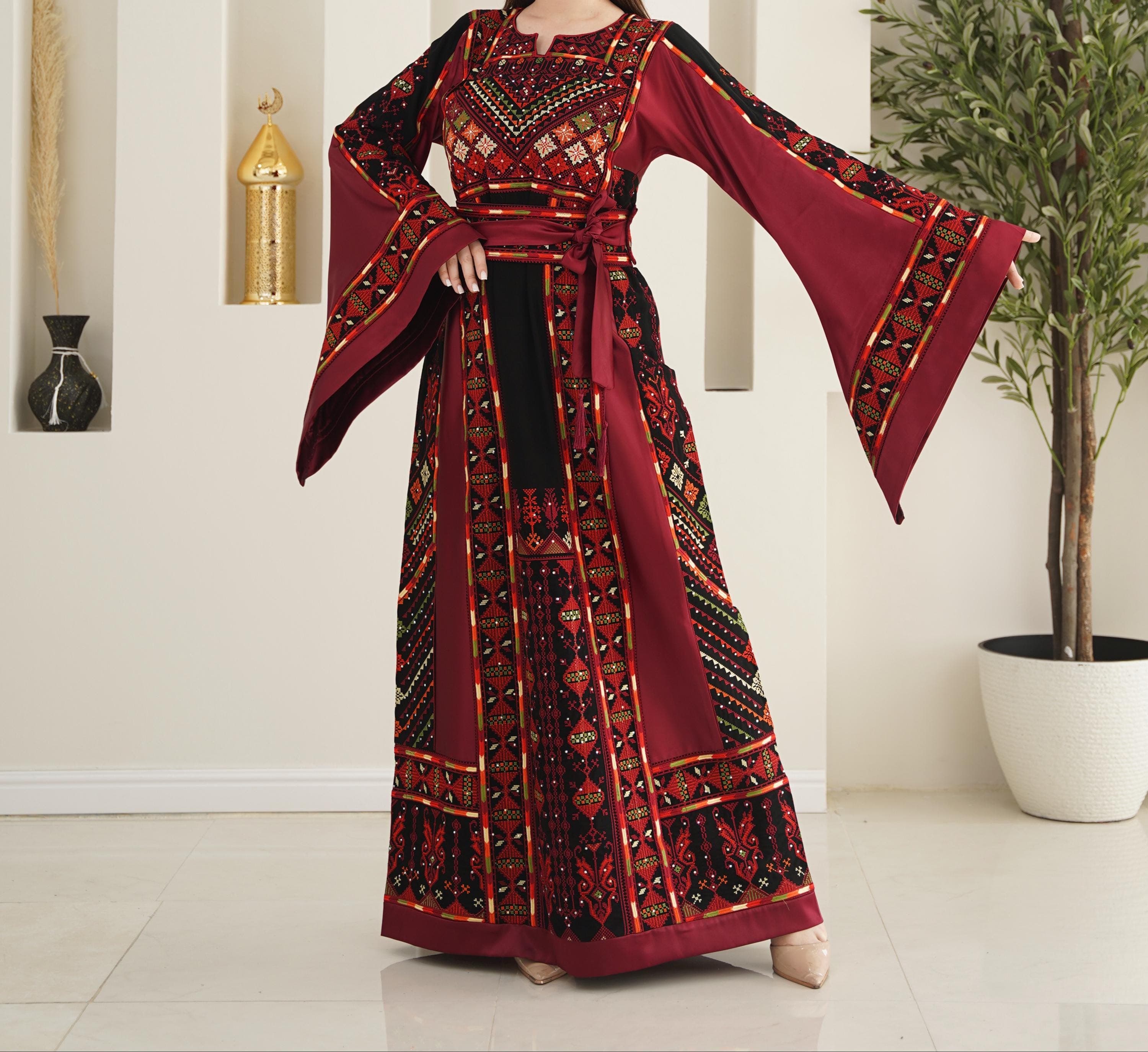 Palestinian Thobe Tatreez Dress Luxury Fellahi Black and Red Elegance - image 5