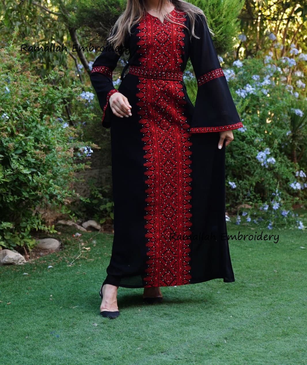 Palestinian Thobe Tatreez  Embroidery Dress Black And Red Yashmak - image 4
