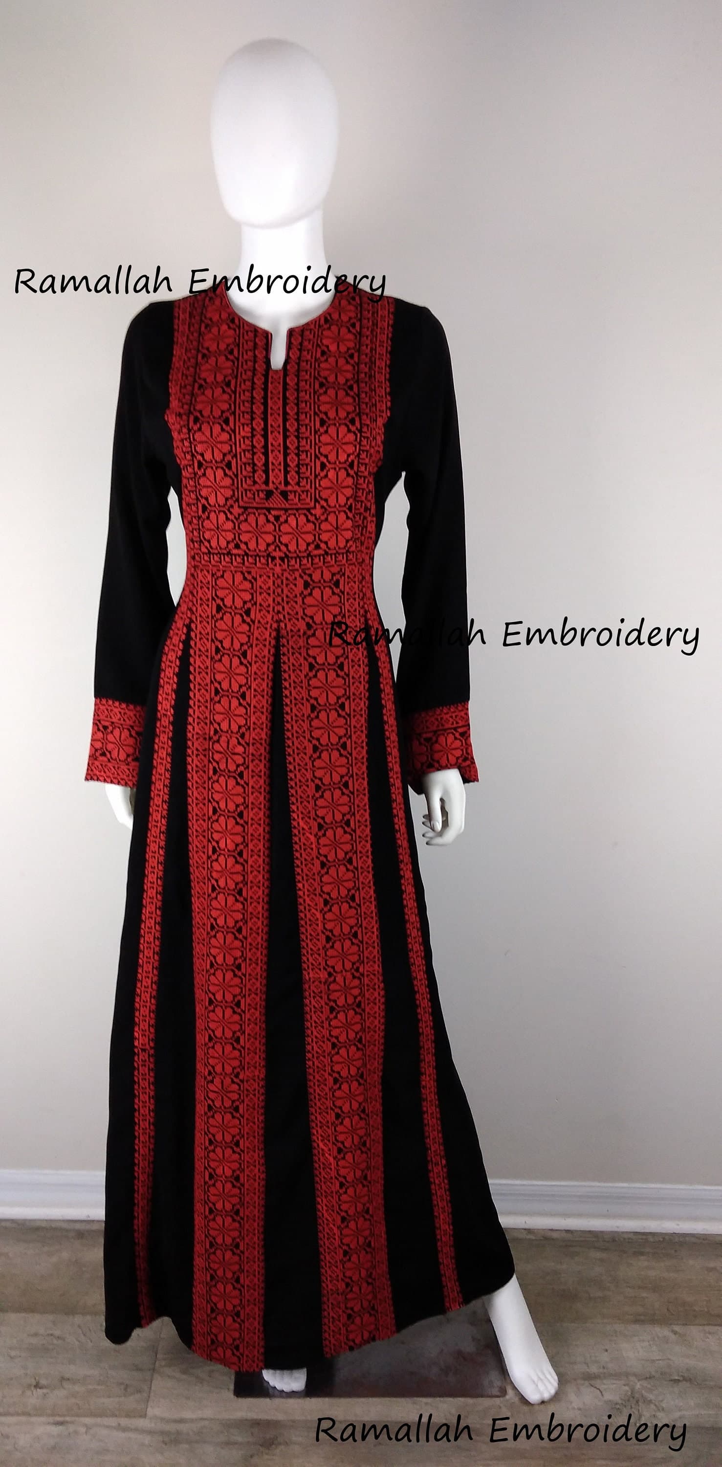Palestinian Kaftan Thobe Thob Embroidery Black with Red Tatreez Stripes