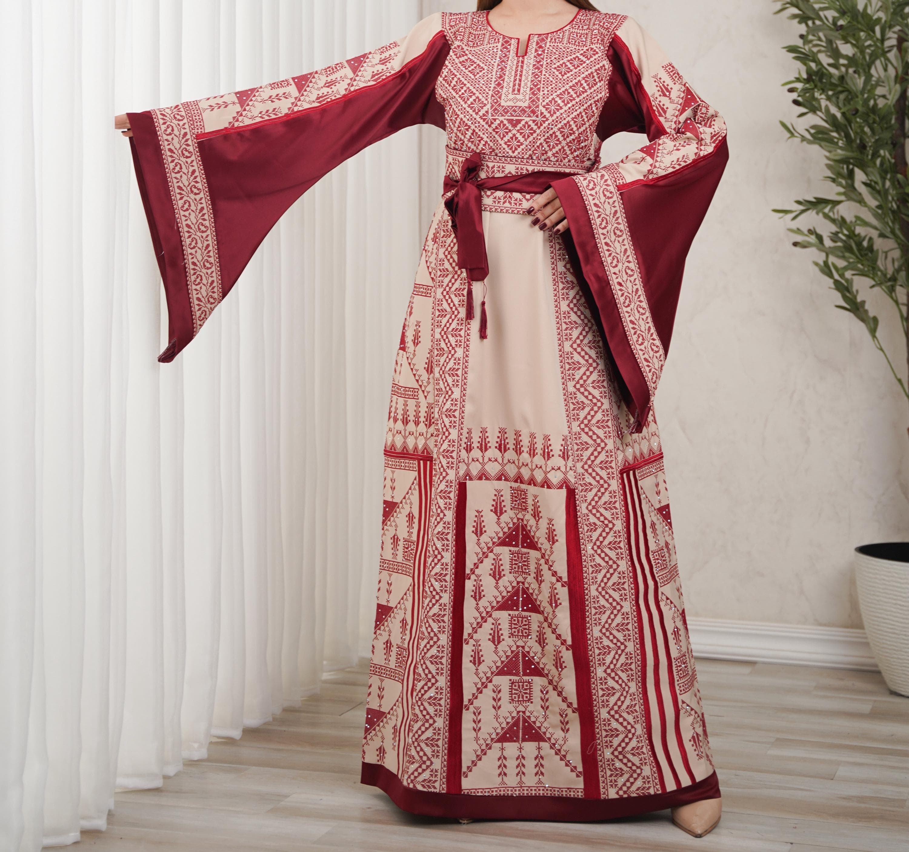 Palestinian Thobe Tatreez Dress Luxury Fellahi Cappuccino and Burgundy Vs. - image 3