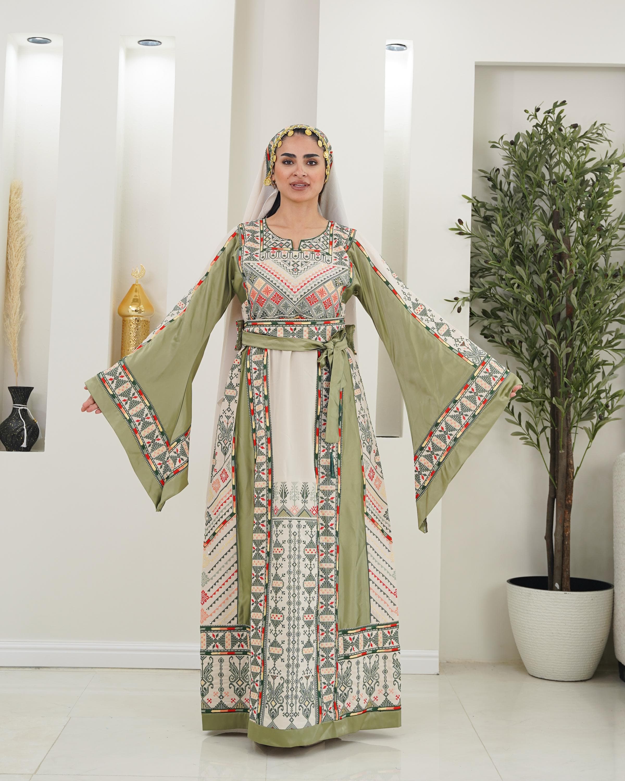 Palestinian Thobe Tatreez Dress Luxury Fellahi Cappuccino and Kiwi Green Elegance.